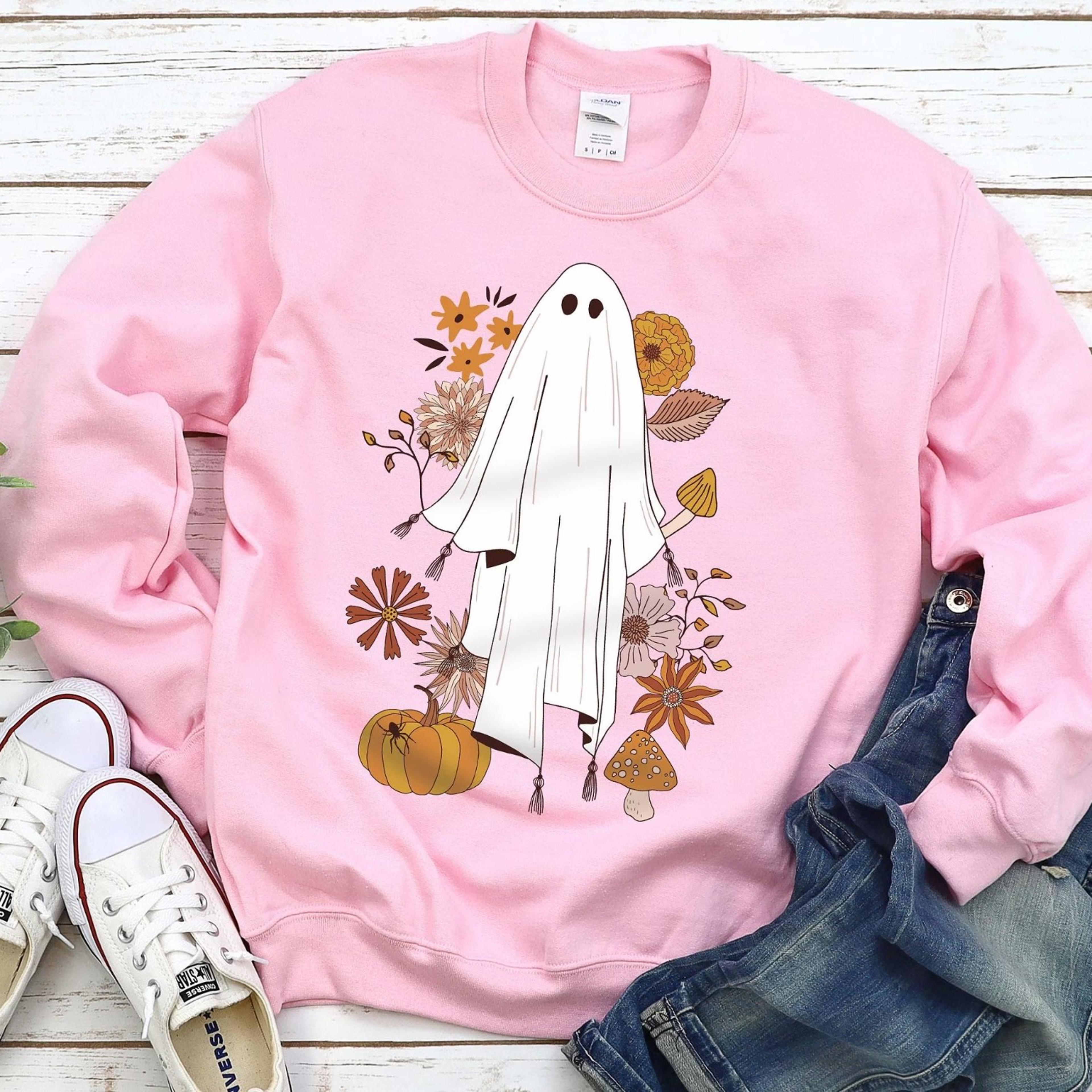 boho floral ghost sweatshirt, womens oversized comfy halloween sweater, ghost sweater, boho halloween sweatshirt, trendy