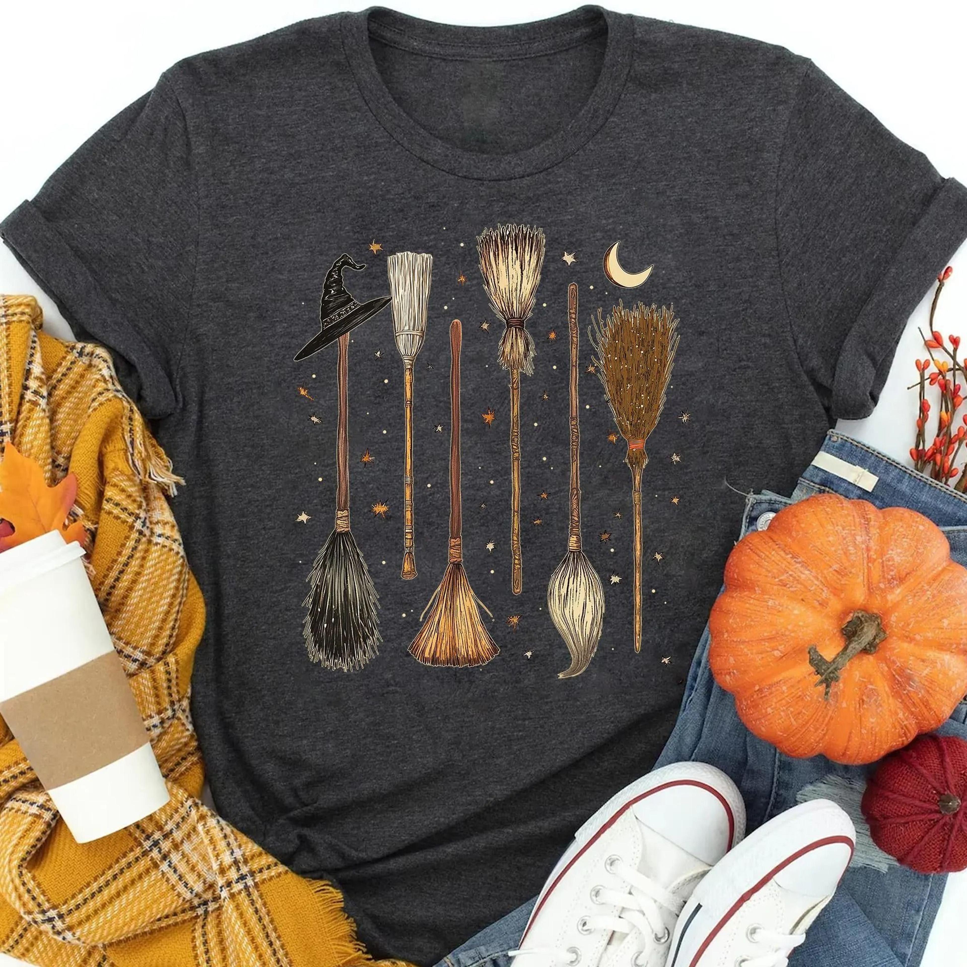vintage halloween witch broom shirt witchy fall cotton tee