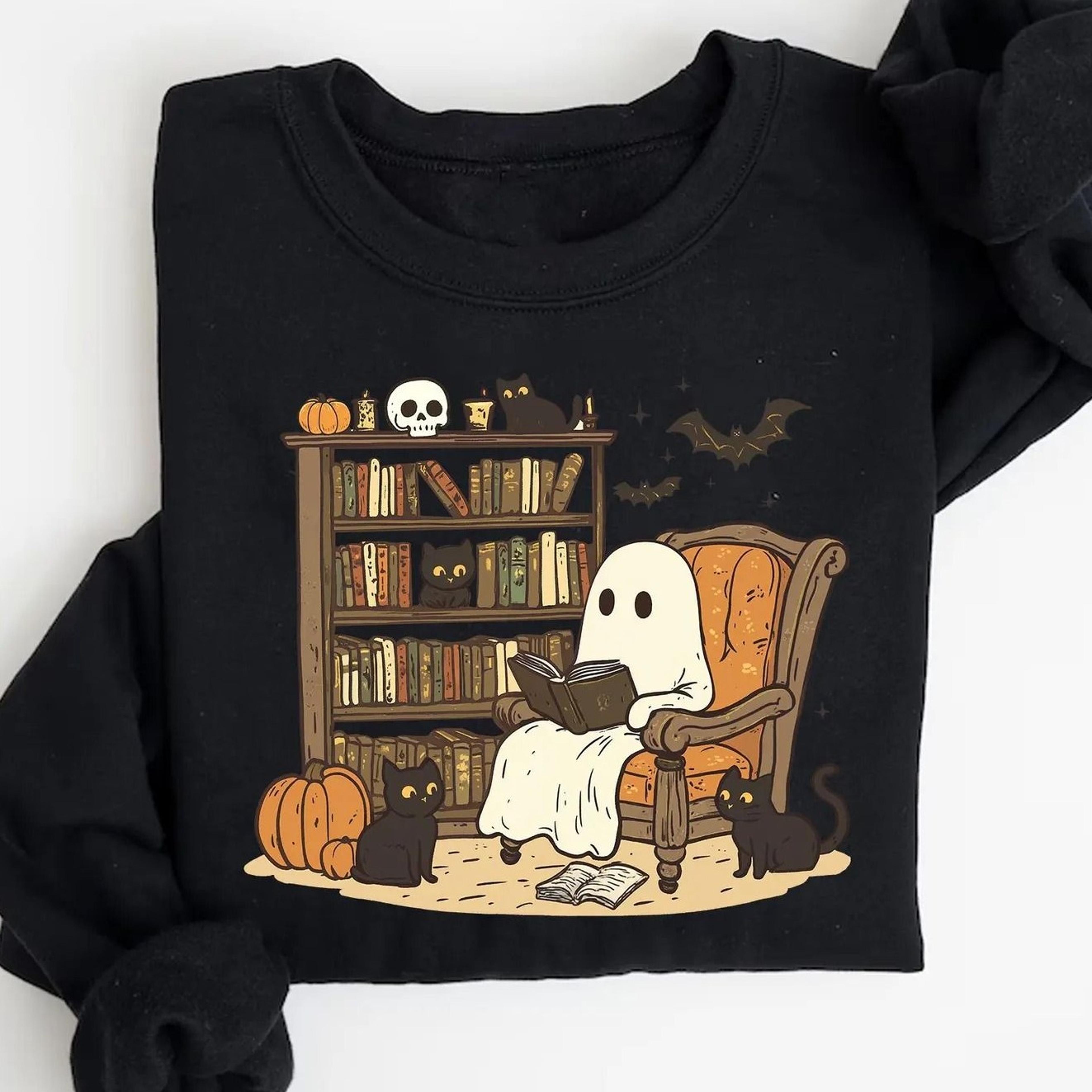 ghost reading book halloween shirt retro cat lover tee