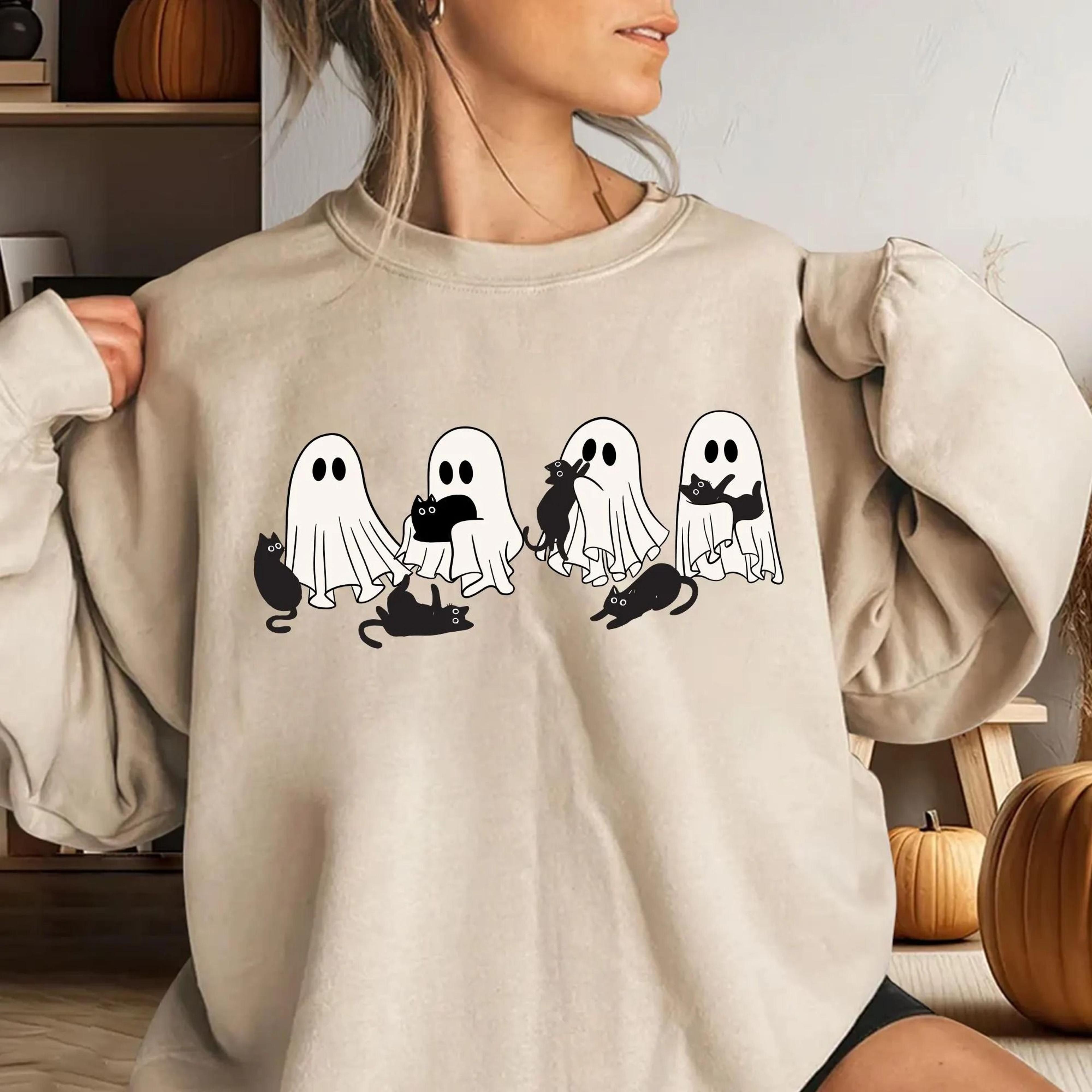 ghost black cat halloween cotton shirt, cat lovers gift