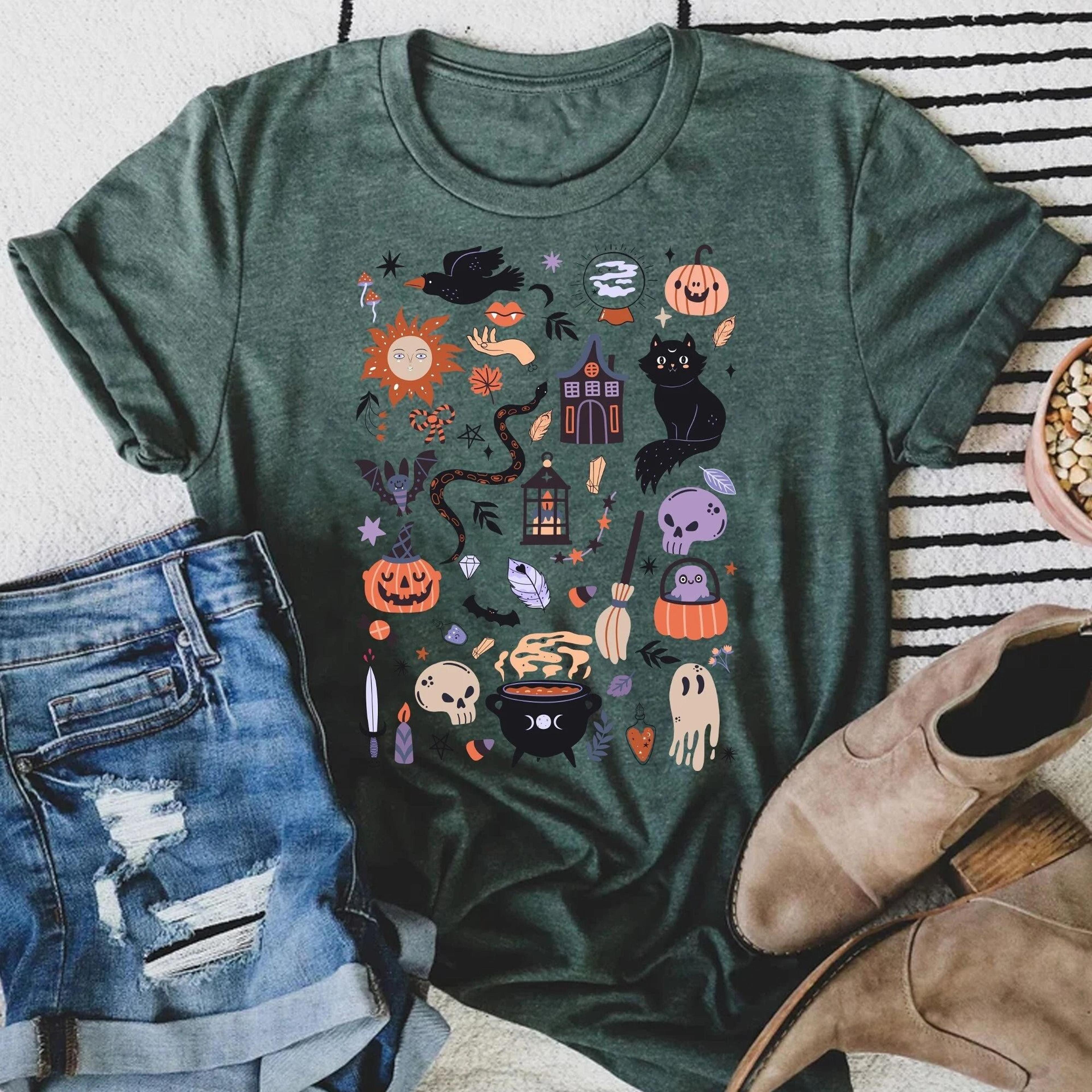halloween doodle cotton t-shirt, retro witch design