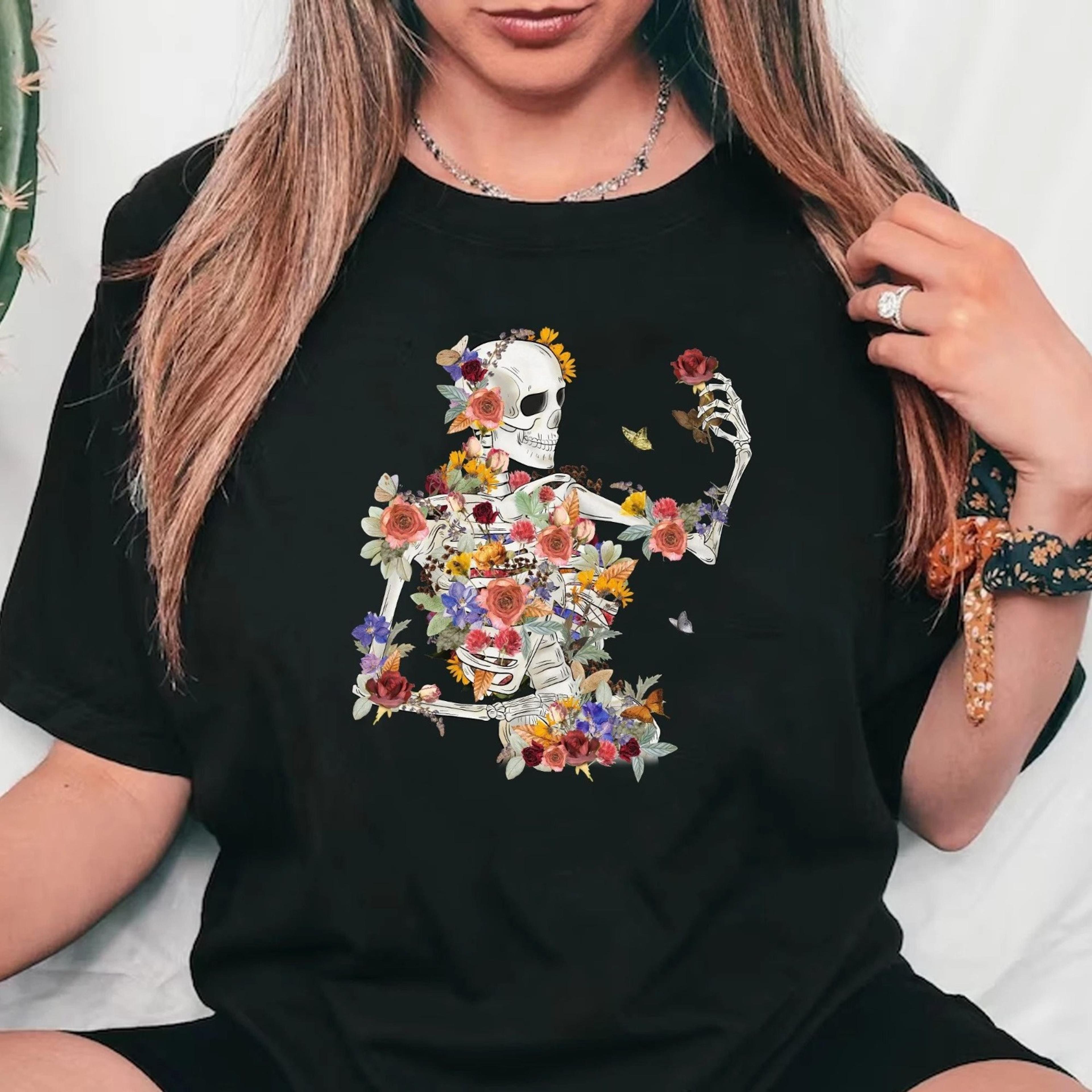 skeleton flowers shirt floral nature cotton tee