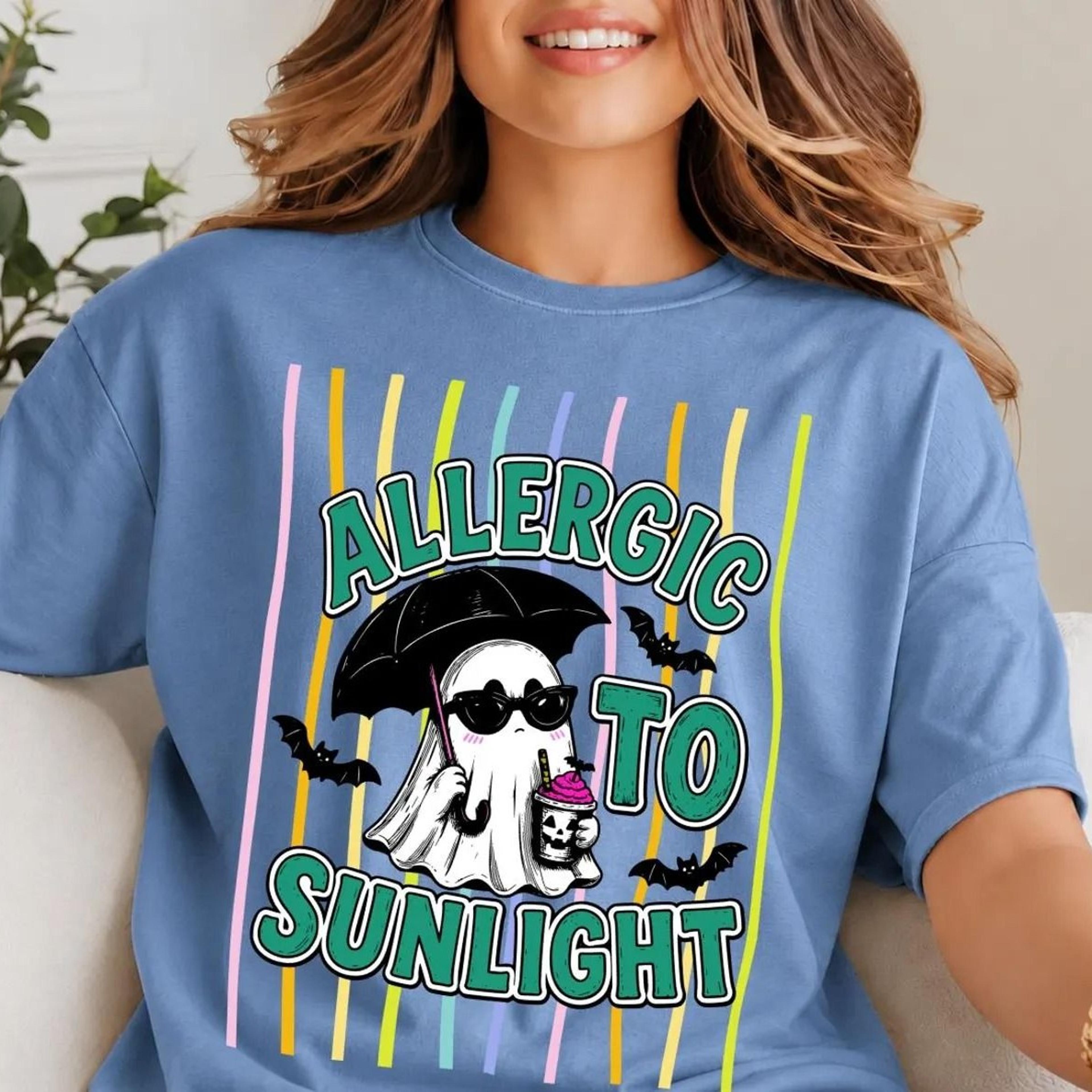 allergic to sunlight shirt, funny ghost halloween tee, cute spooky season shirt, retro ghost graphic tee, halloween coff