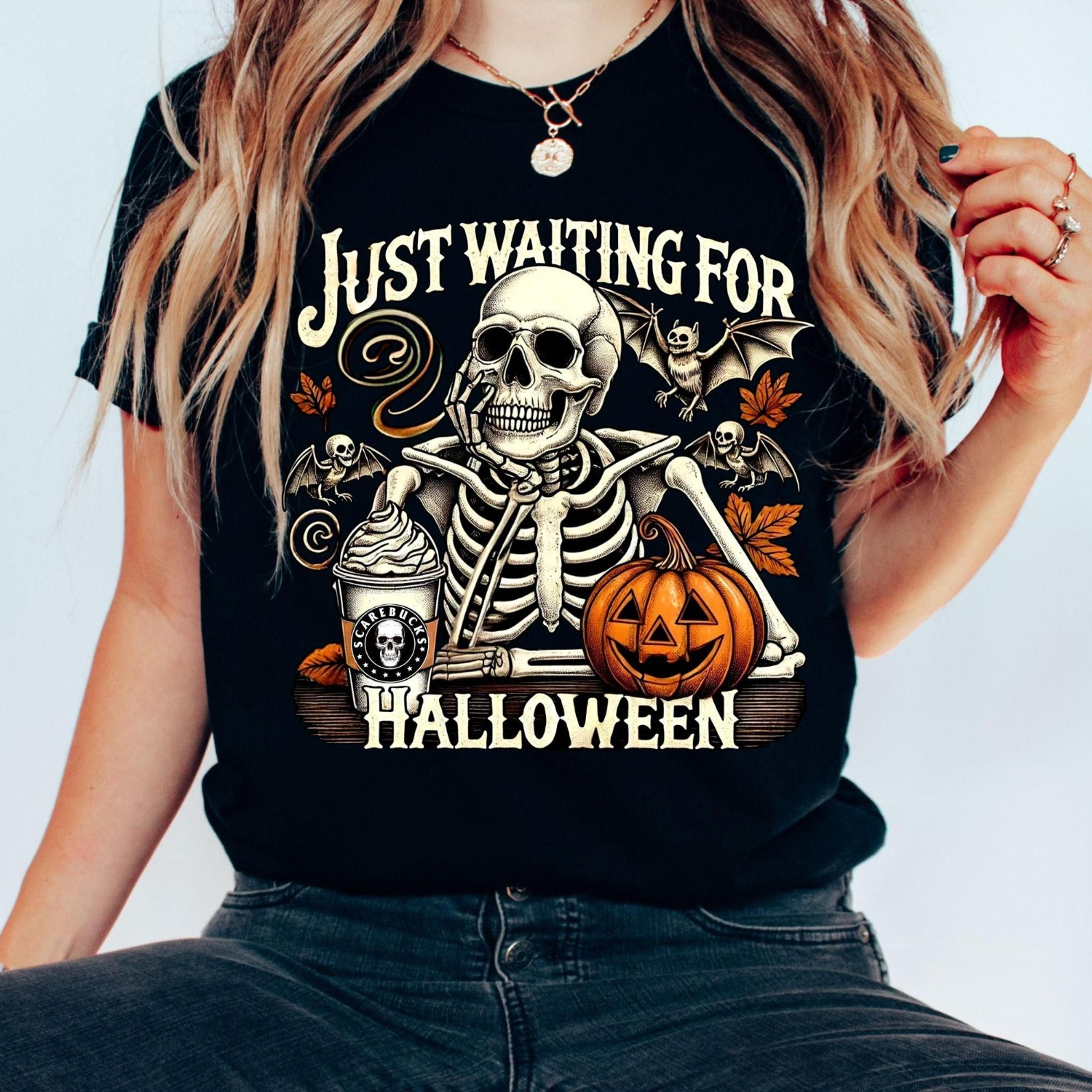 just waiting for halloween shirt funny skeleton pumpkin shirt, spooky fall graphic shirt, retro halloween womens shirt,