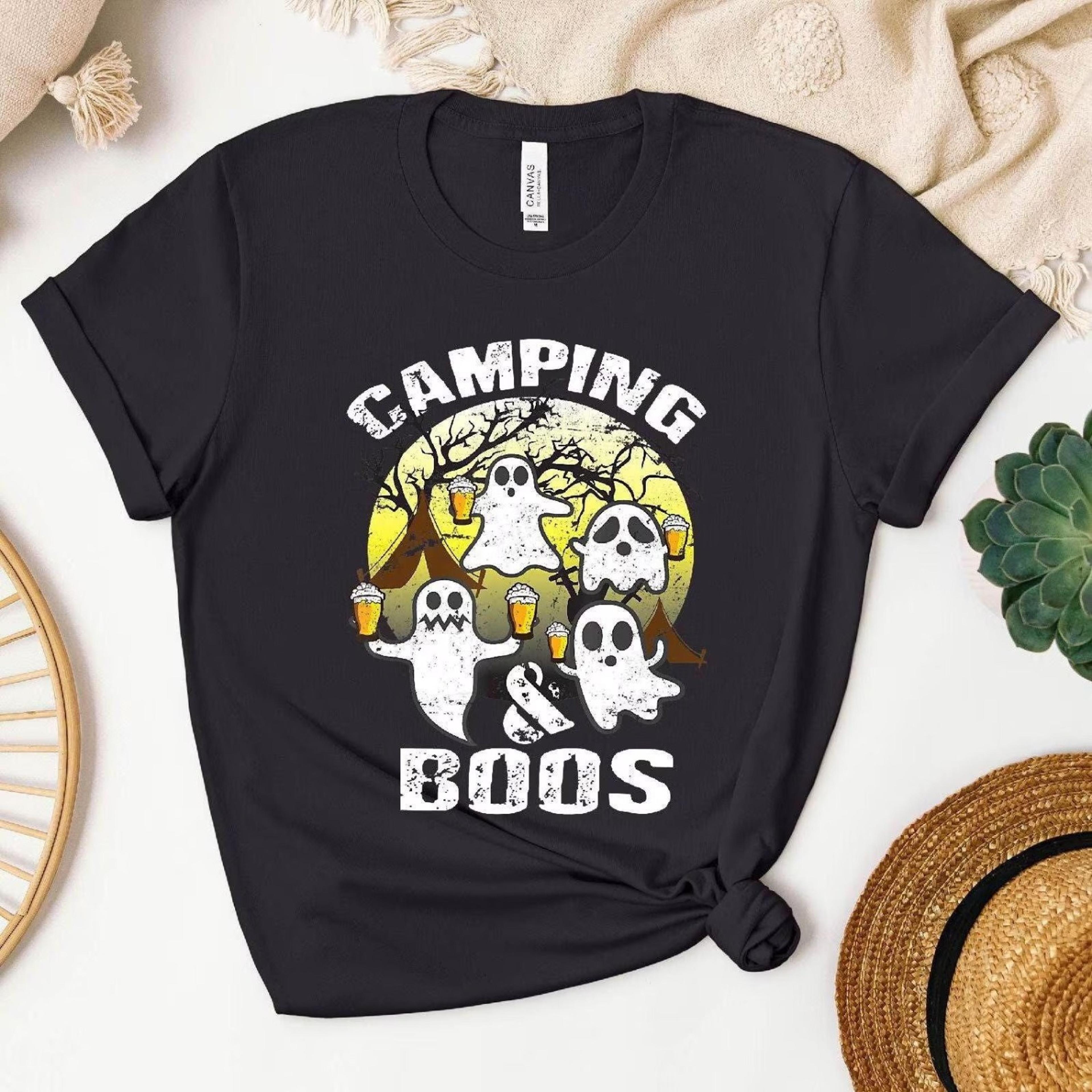 cute halloween camp t-shirt, ghost drinking beer