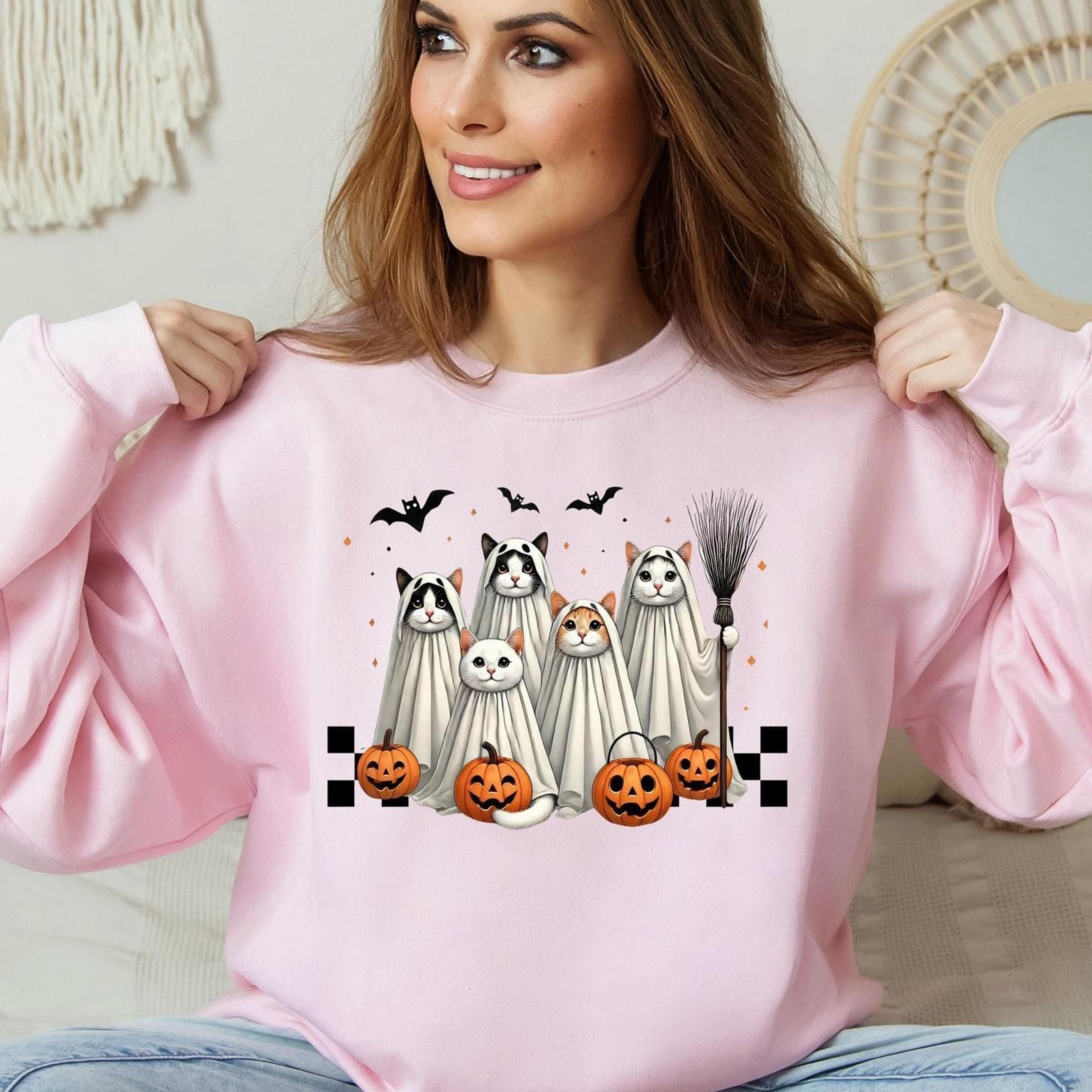 ghost cat halloween t-shirt, spooky season retro design