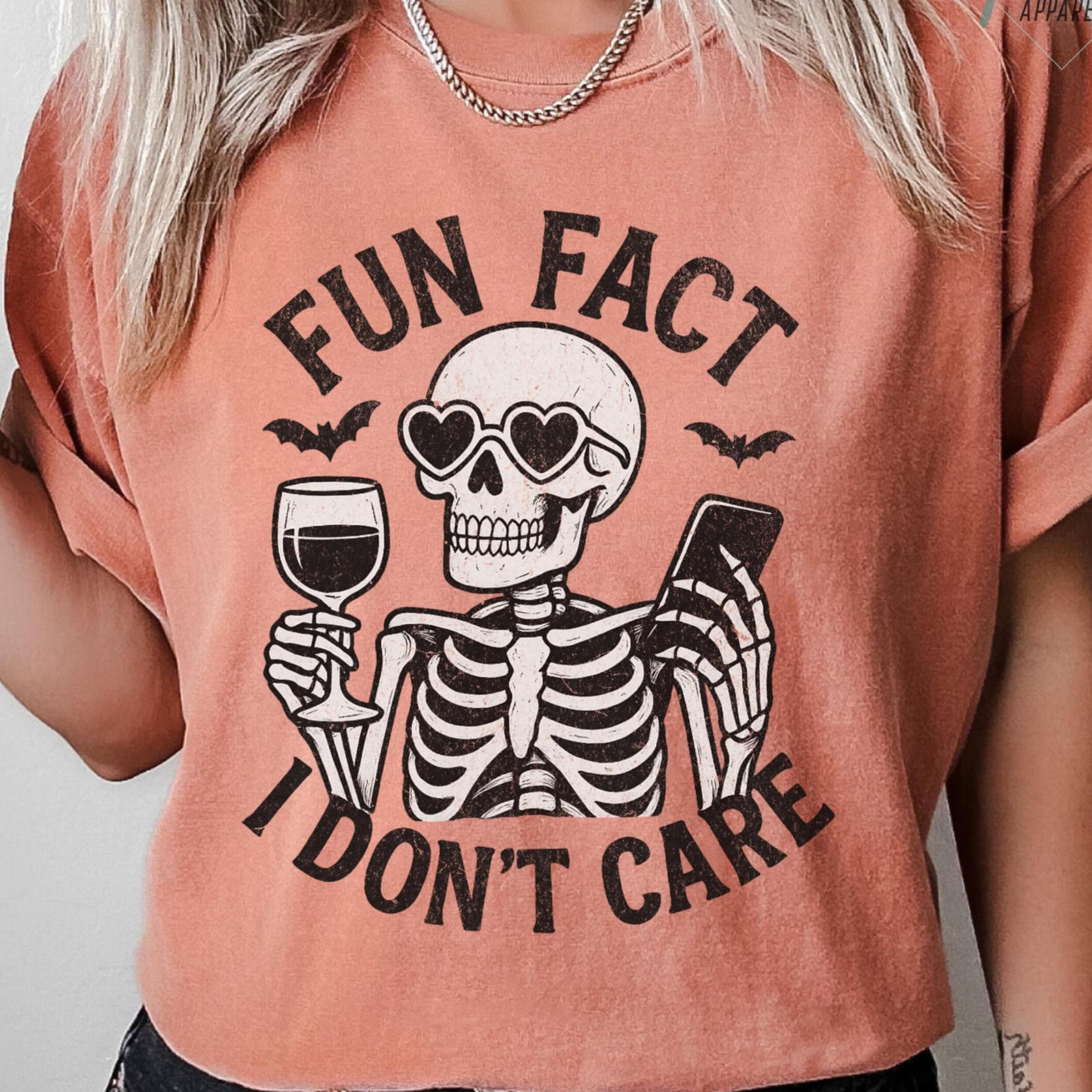 fun fact i dont care halloween shirt distressed skeleton tee
