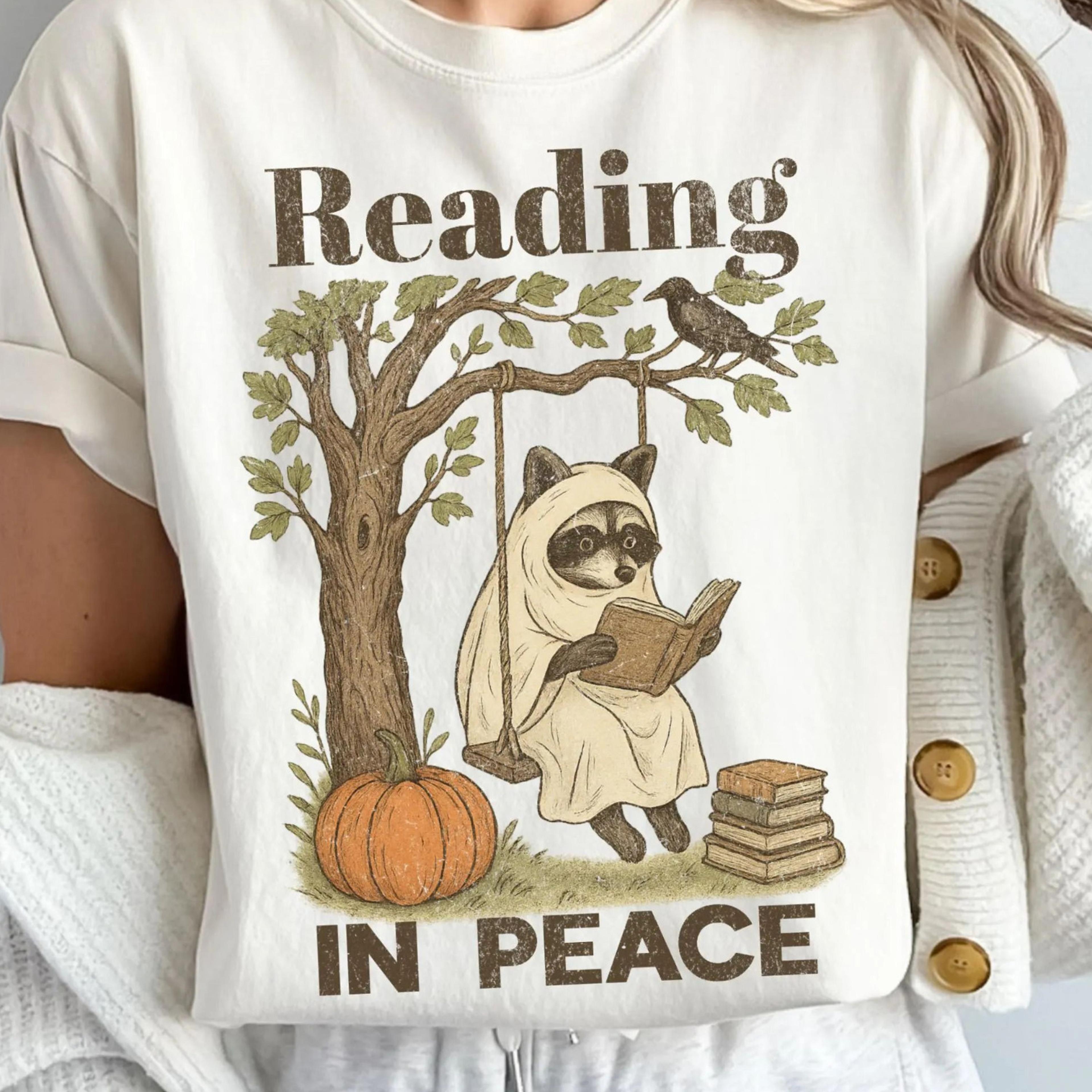 reading ghost raccoon distressed halloween t shirt