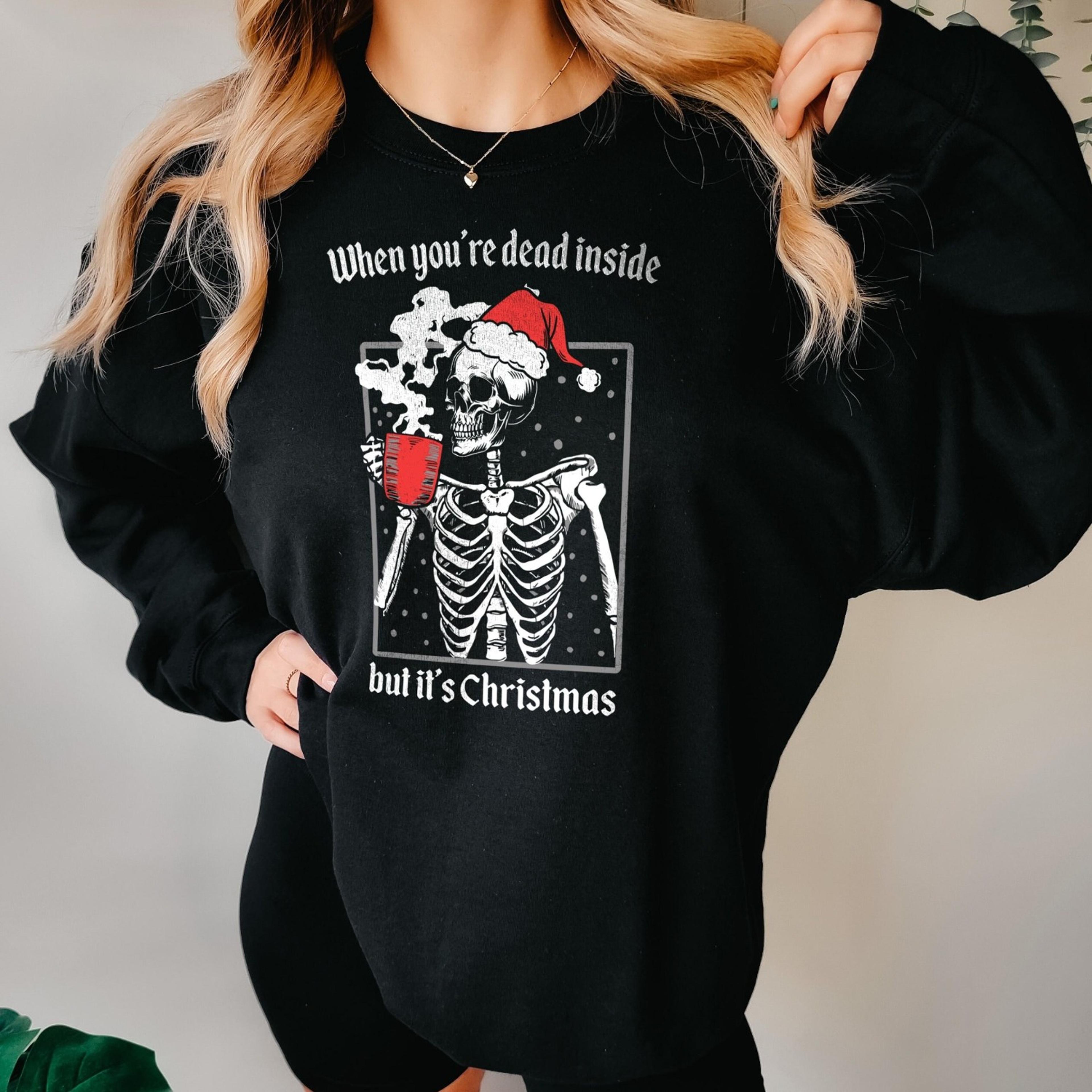 goth christmas sweatshirt, skeleton drinking coffee unisex