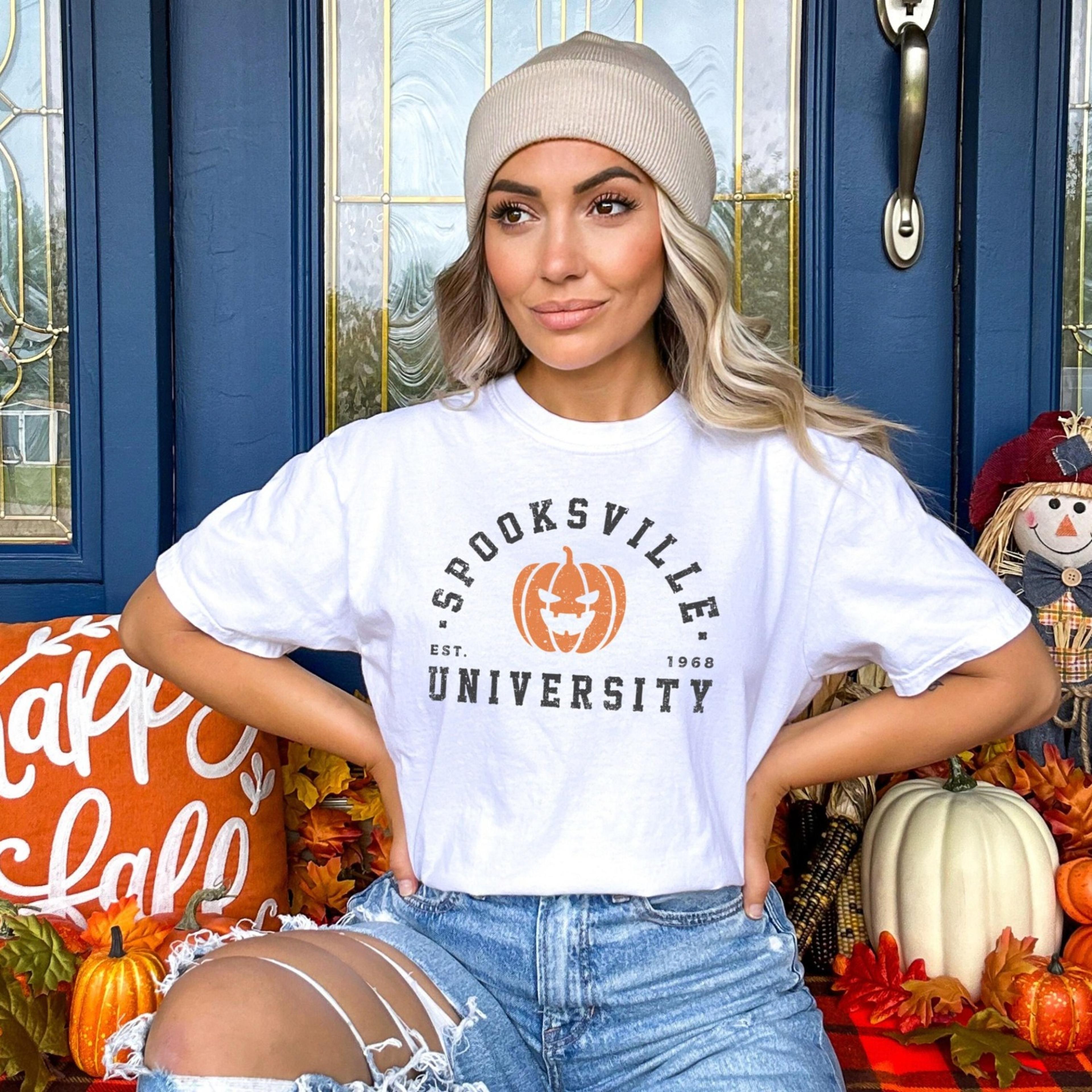 halloween university vintage t-shirt, distressed spooksville logo black cotton, retro college style, unisex