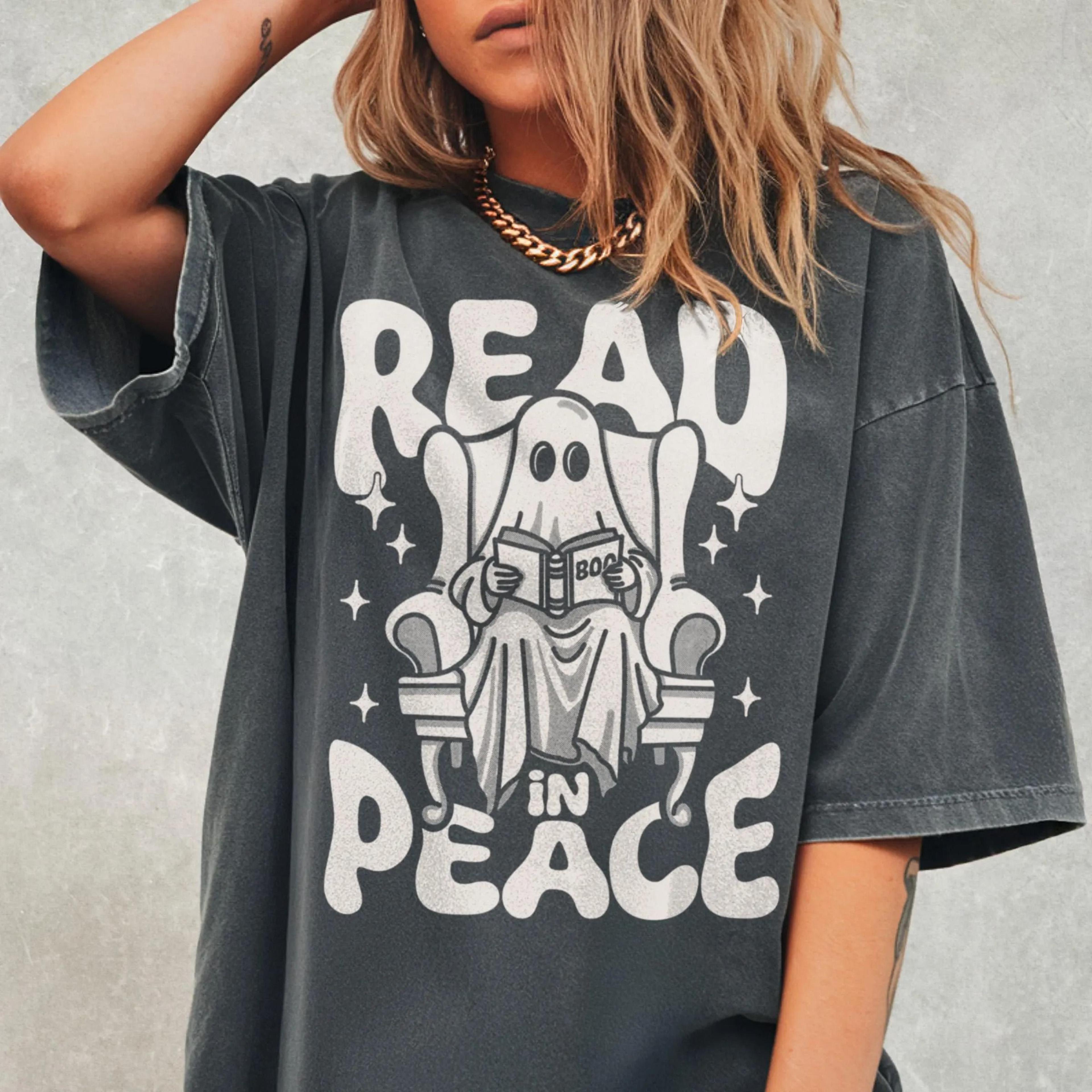 read in peace shirt, bookish comfort colors t-shirt, retro ghost reading book shirt, halloween book t shirt, book lover