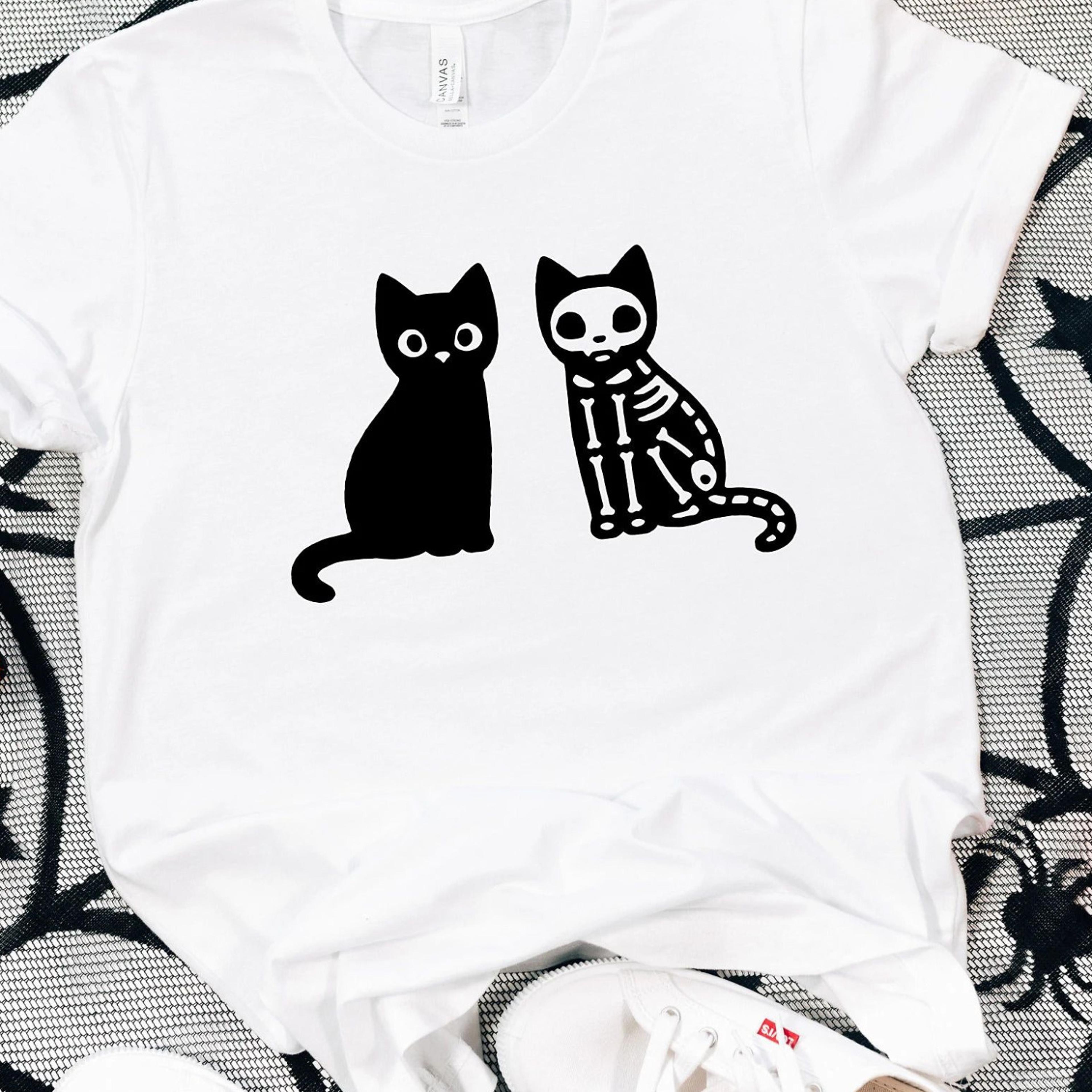 black cat halloween skeleton shirt spooky season graphic tee
