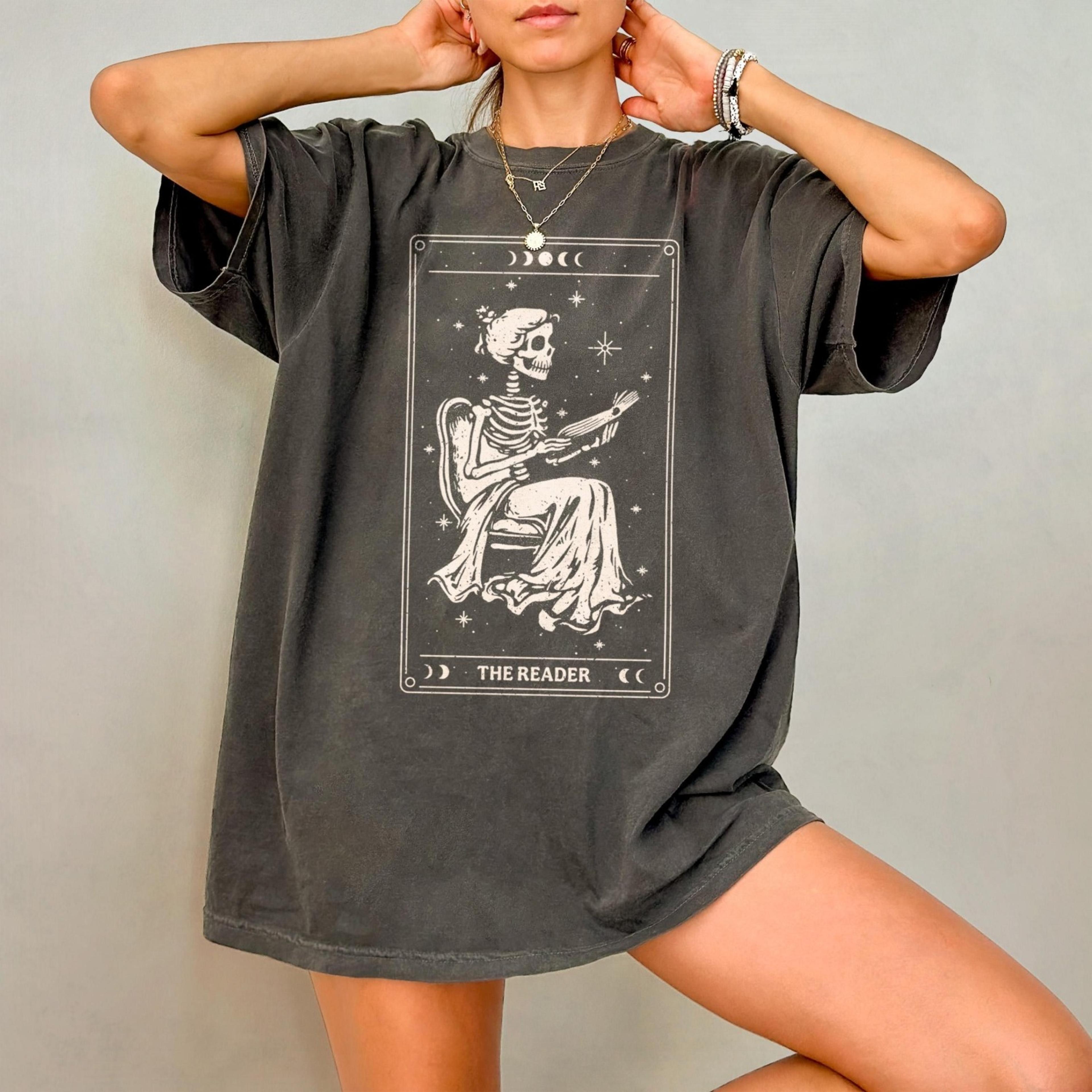 the reader shirt - bookish t-shirt, tarot card shirt, skeleton reading shirt, tarot aesthetic book shirt,