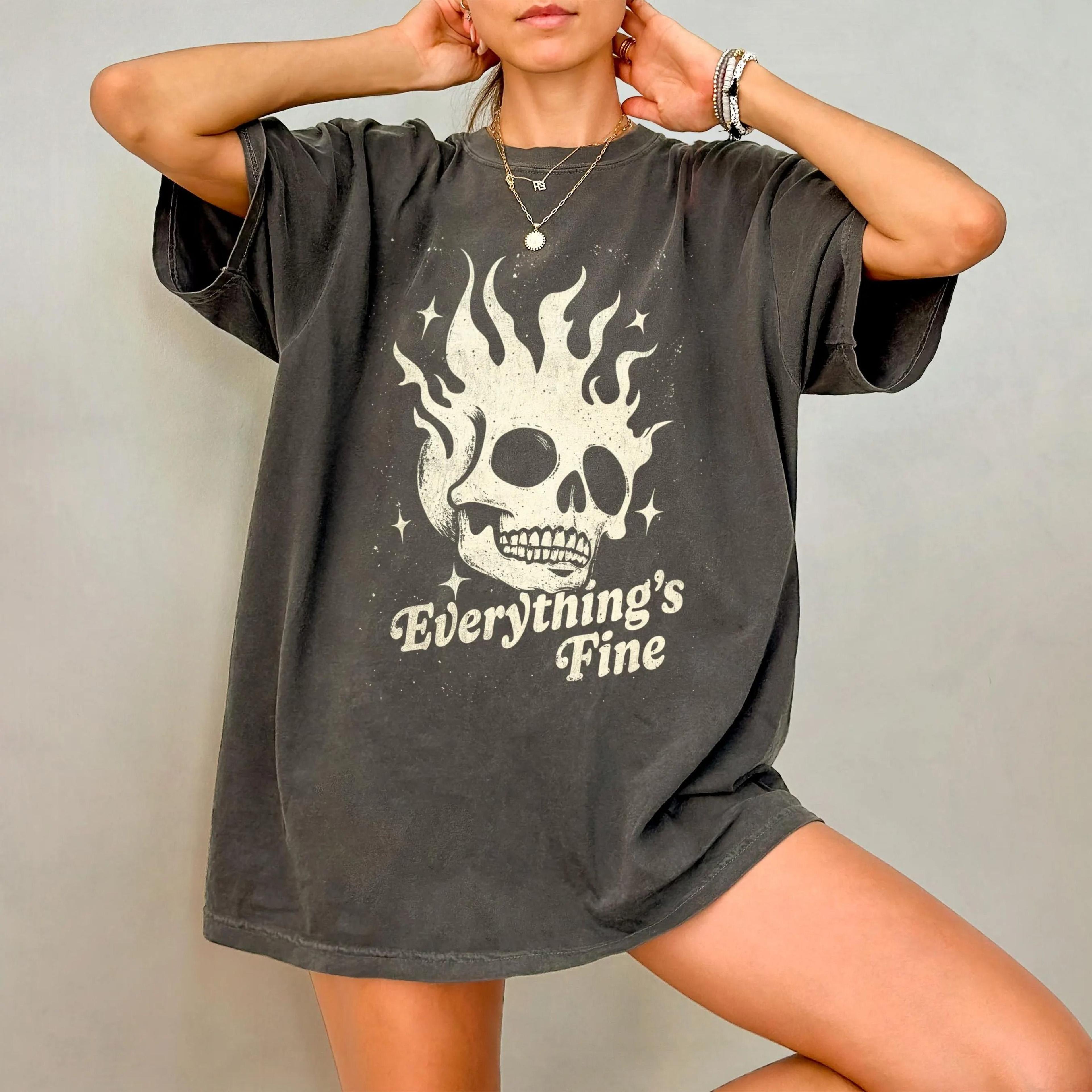 everything's fine shirt - funny t-shirt, sarcastic skeleton tshirt, retro grunge t shirt, y2k goth style,