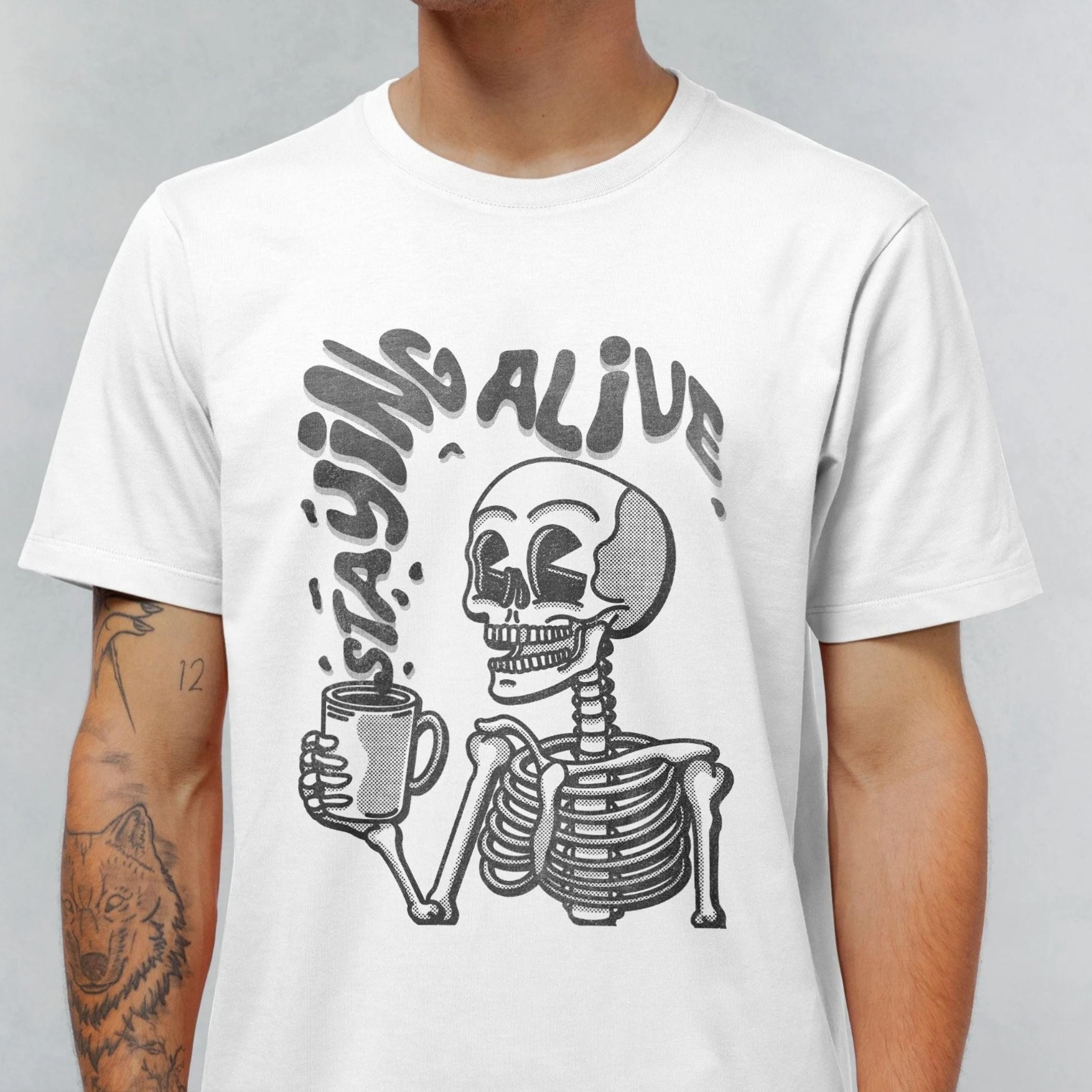 staying alive t-shirt, skeleton coffee shirt, funny distressed skull t shirt, coffee lovers gift, retro h
