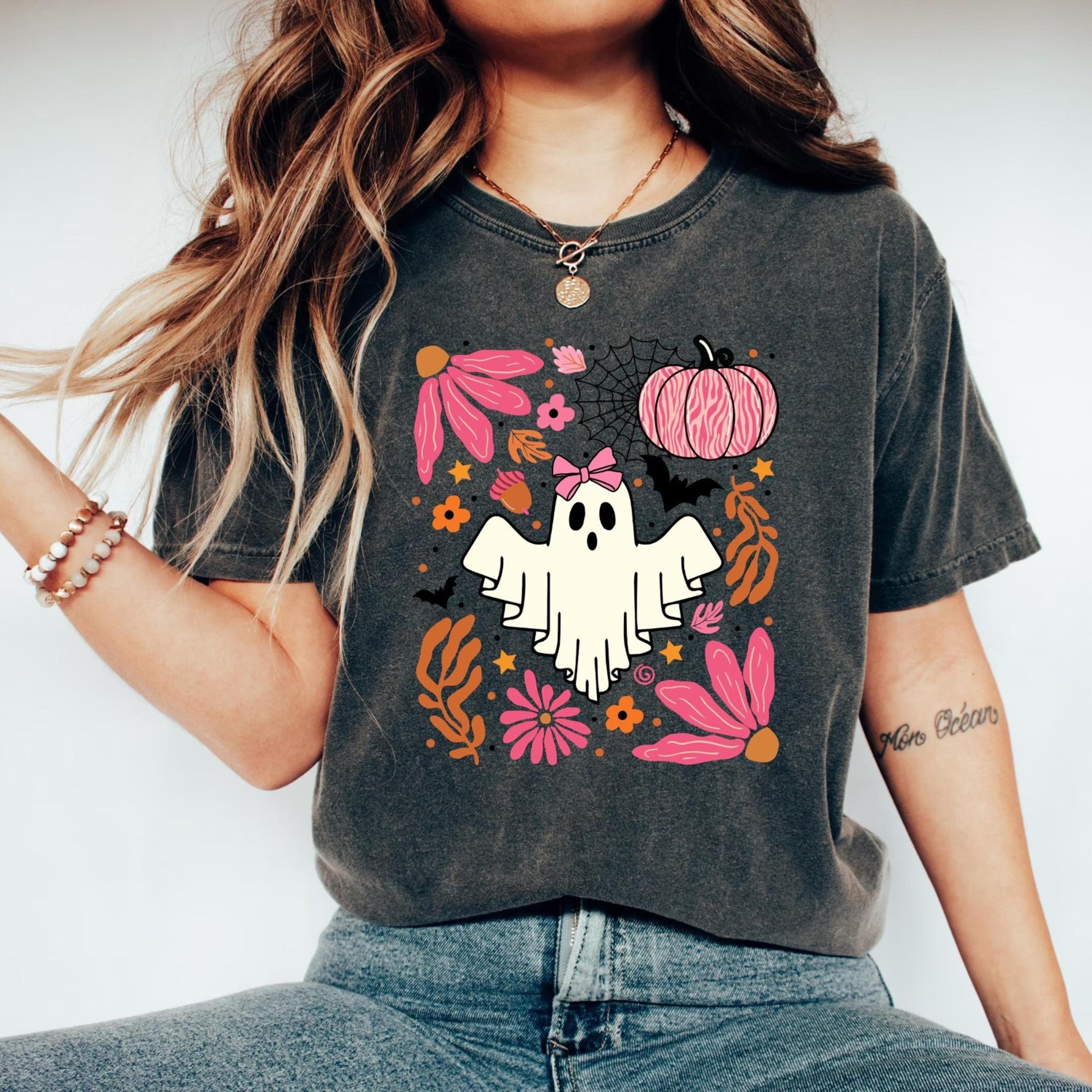 halloween pink ghost sweatshirt, leopard pink pumpkin sweatshirt, boho floral fall shirt, halloween boho floral tee,