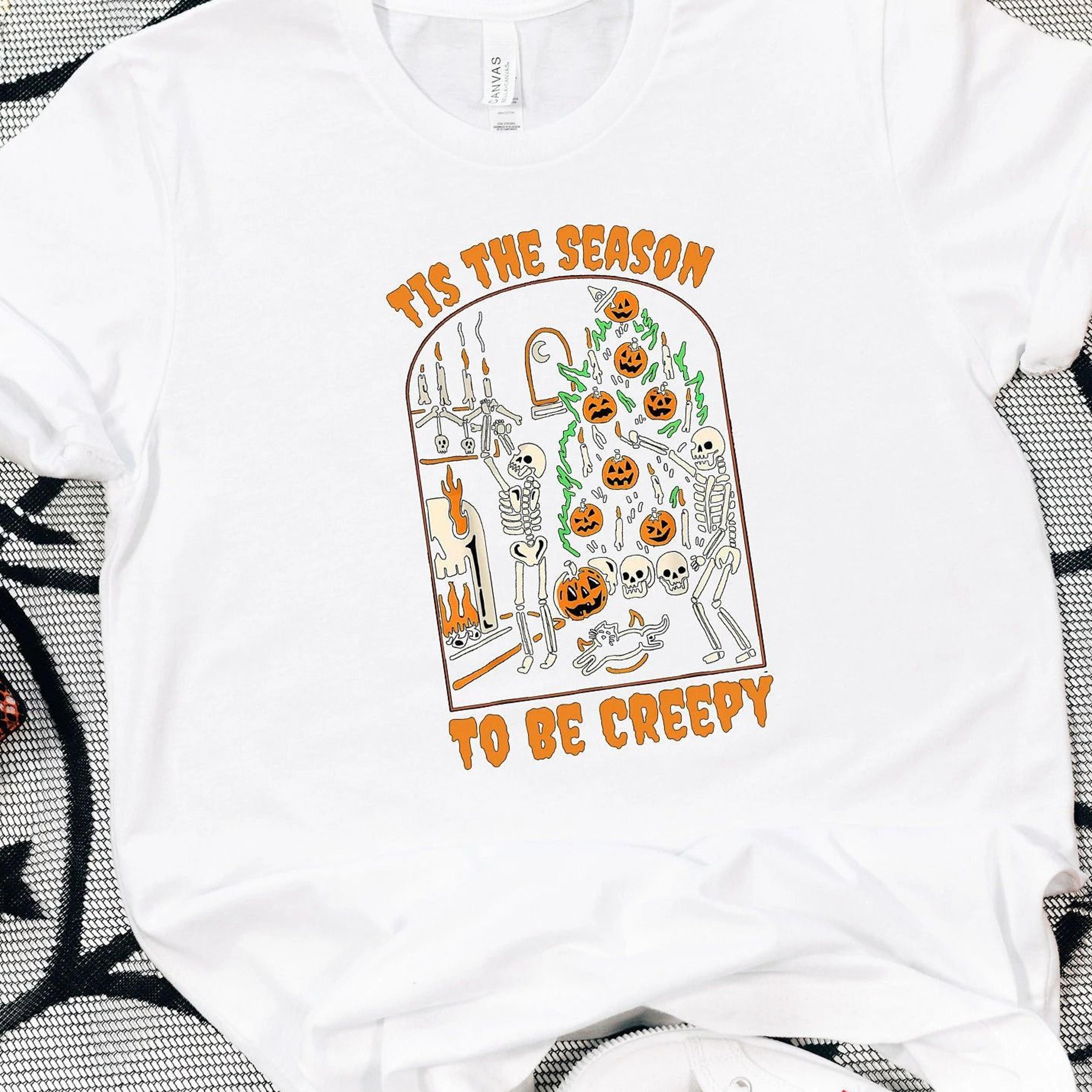 tis the season to be creepy halloween pumpkin skeleton shirt