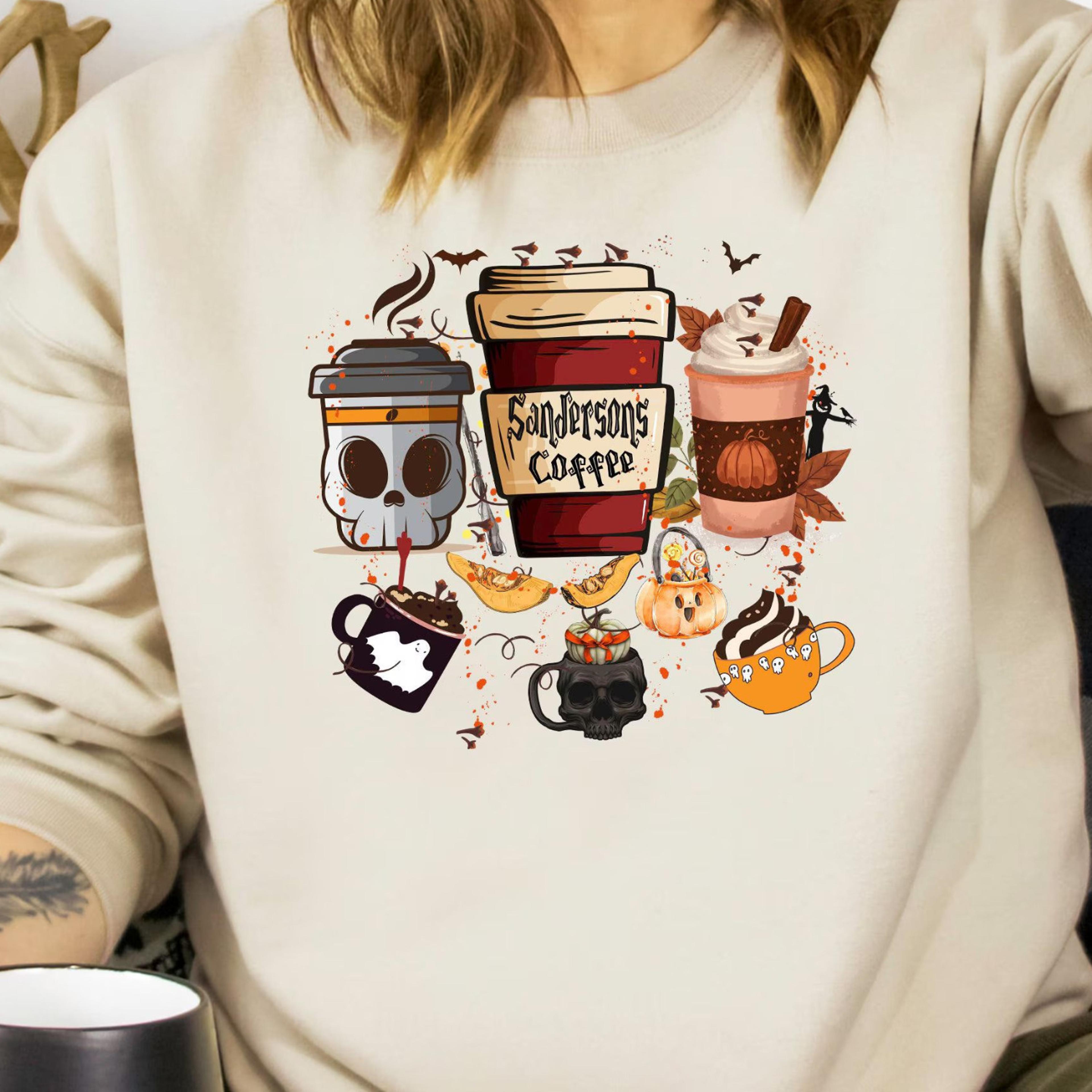 sandersons coffee sweatshirt, halloween doodles sweatshirt, halloween sweatshirt, halloween coffee lover woman