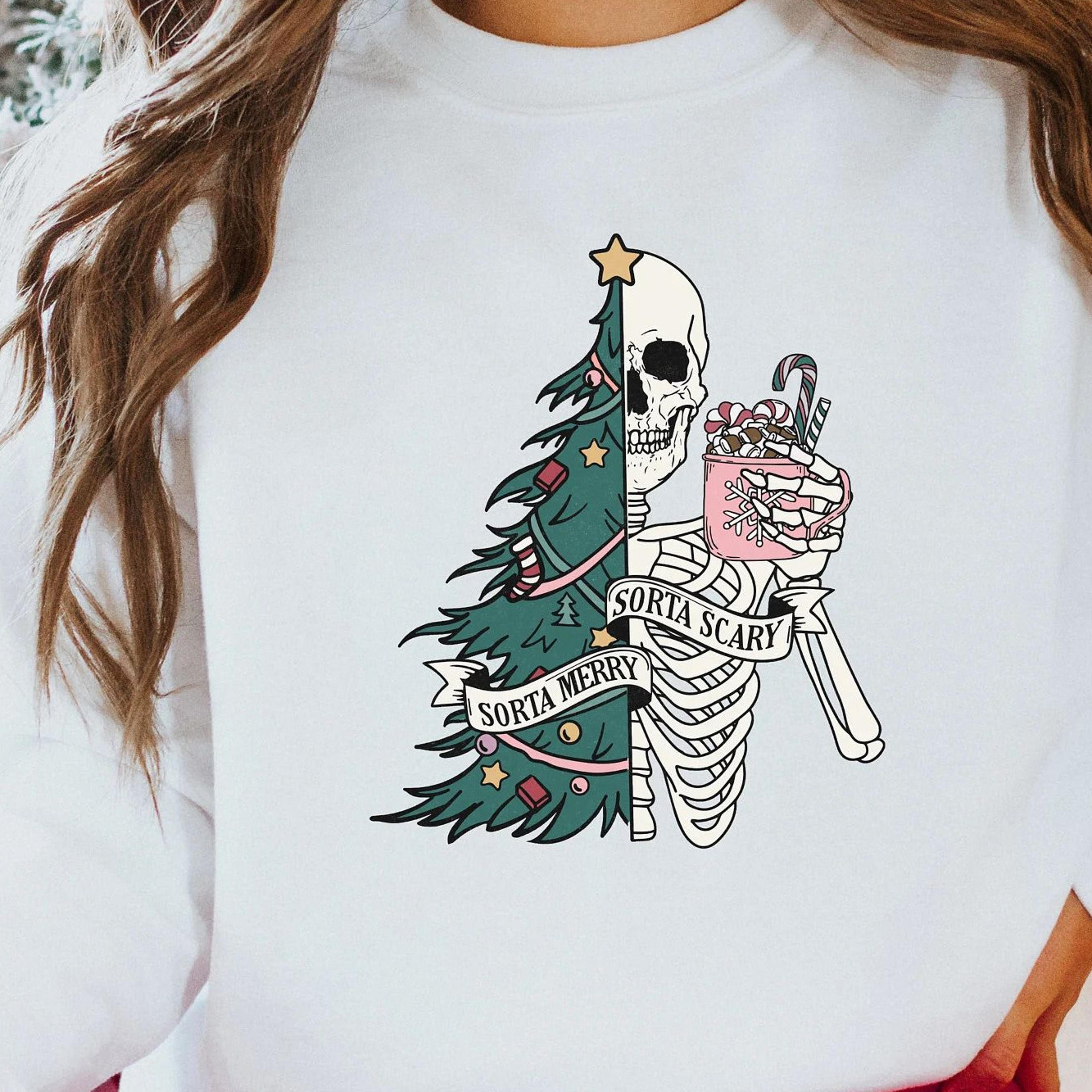 sorta merry sorta scary crewneck, funny christmas sweatshirt, cute spooky season sweater, custom christmas skeleton