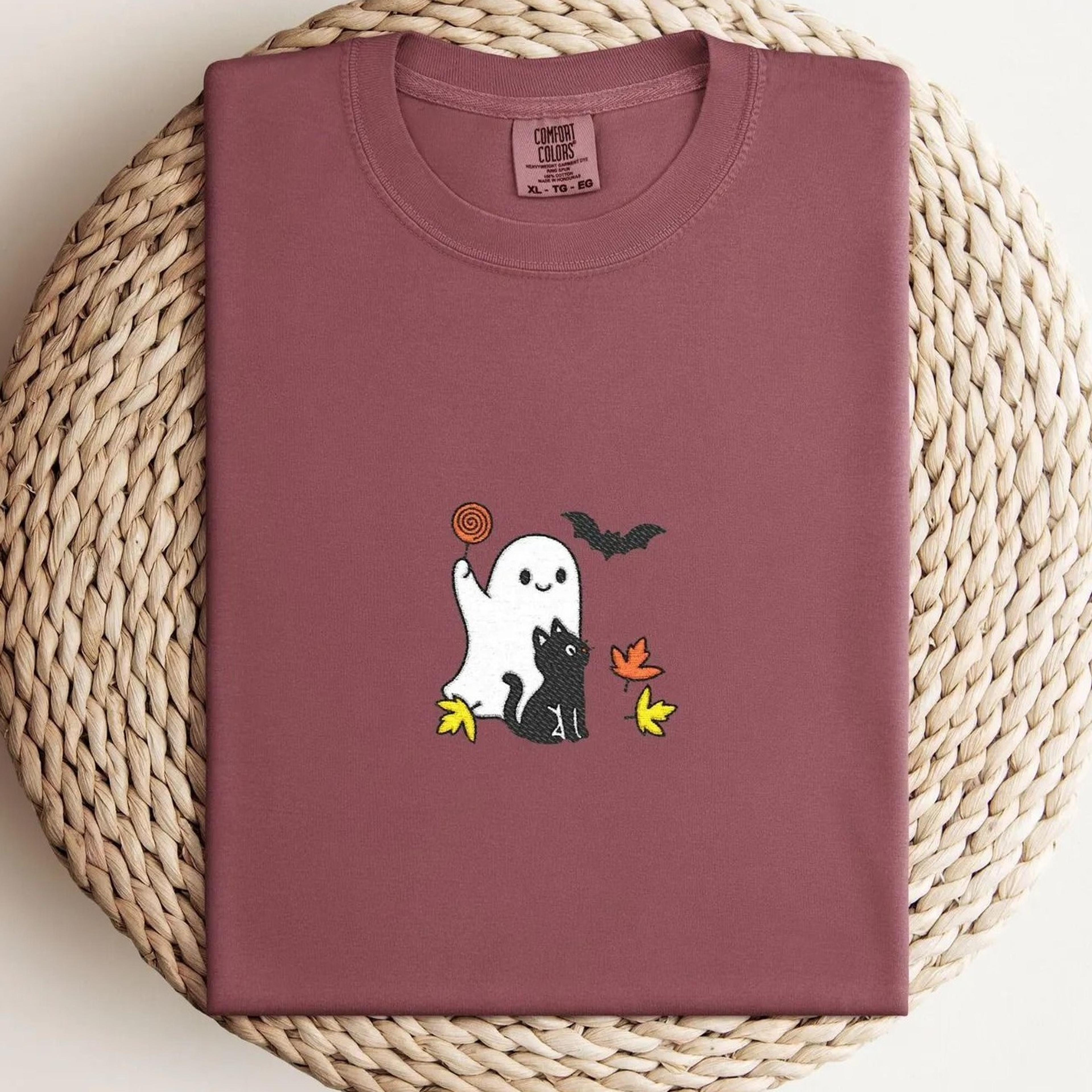 spooky halloween embroidered comfort colors tshirt cute ghost cat shirt cozy gift catlovers tee embroidery ghostly shirt
