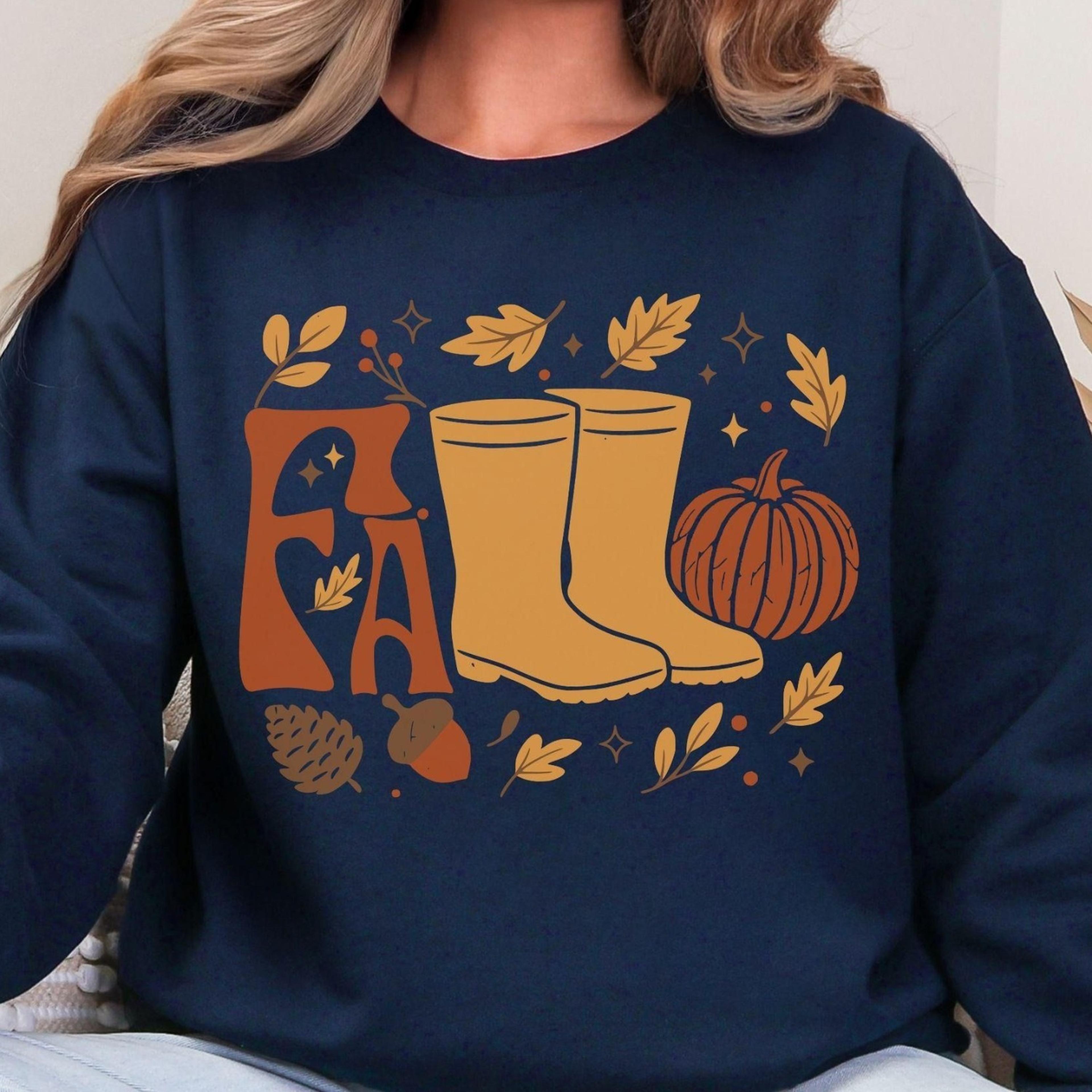 fall sweatshirt with boots pumpkin shirt autumn leaf sweater cute cozy fall hoodie retro fall outfit gift her pullover g