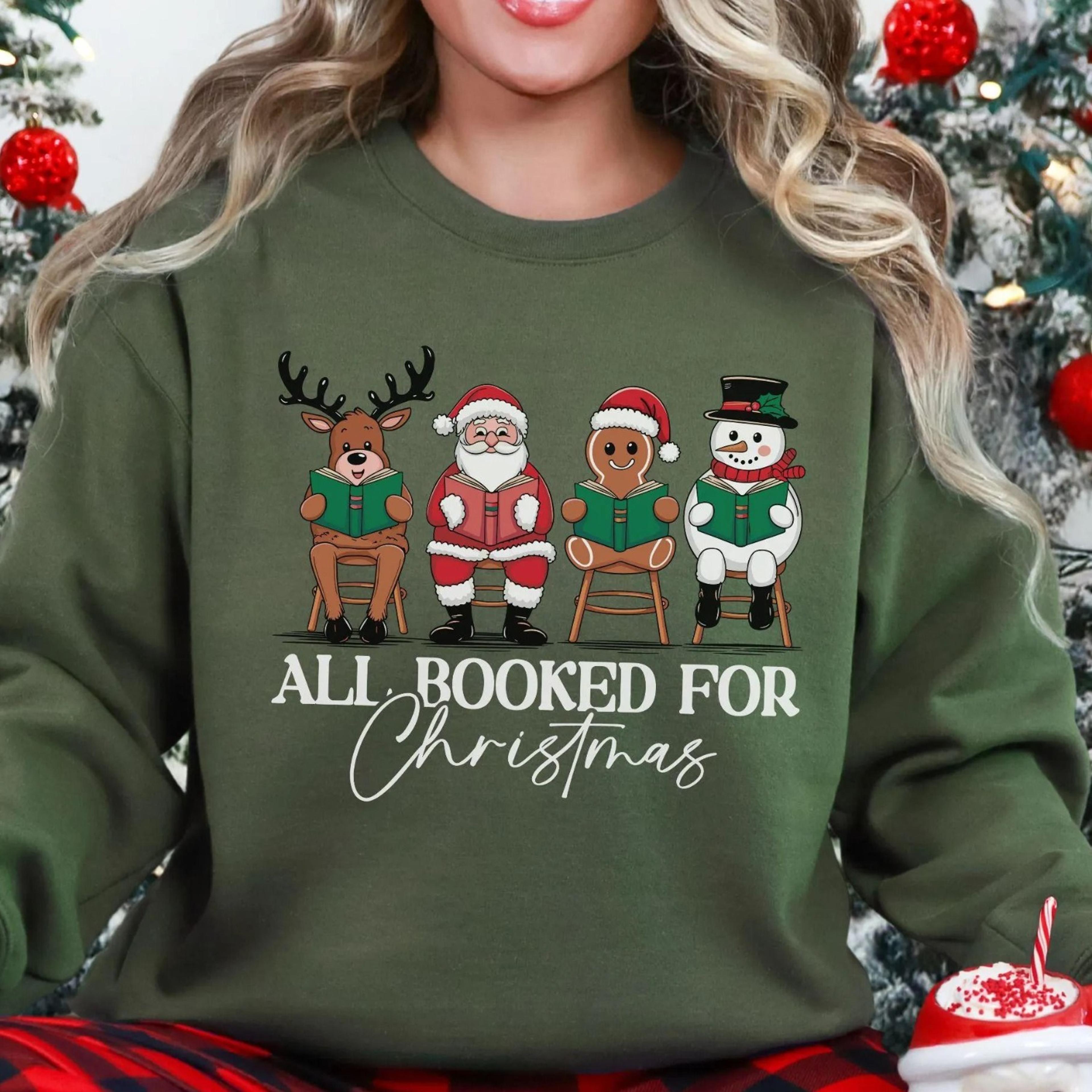 all booked for christmas book lover sweatshirt gift for women, bookworm xmas sweater