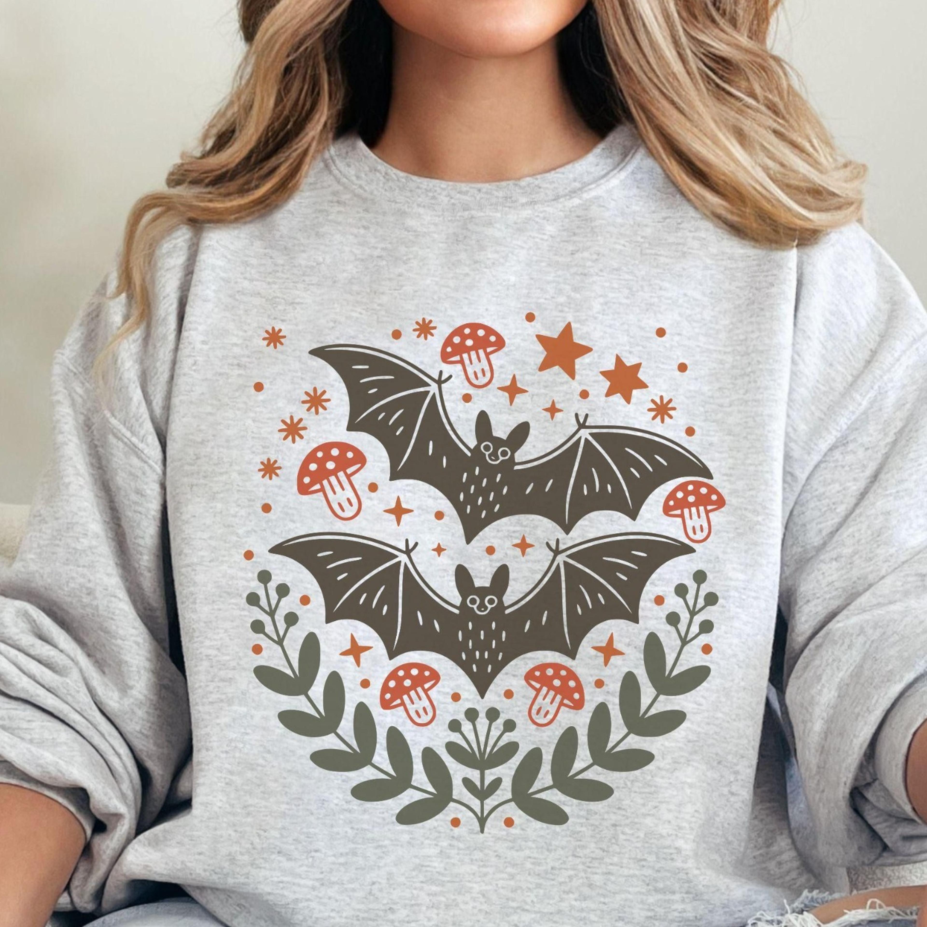 retro bat sweatshirt cute halloween crewneck spooky vibes hoodie mushroom folk art sweater cozy autumn pullover gift for