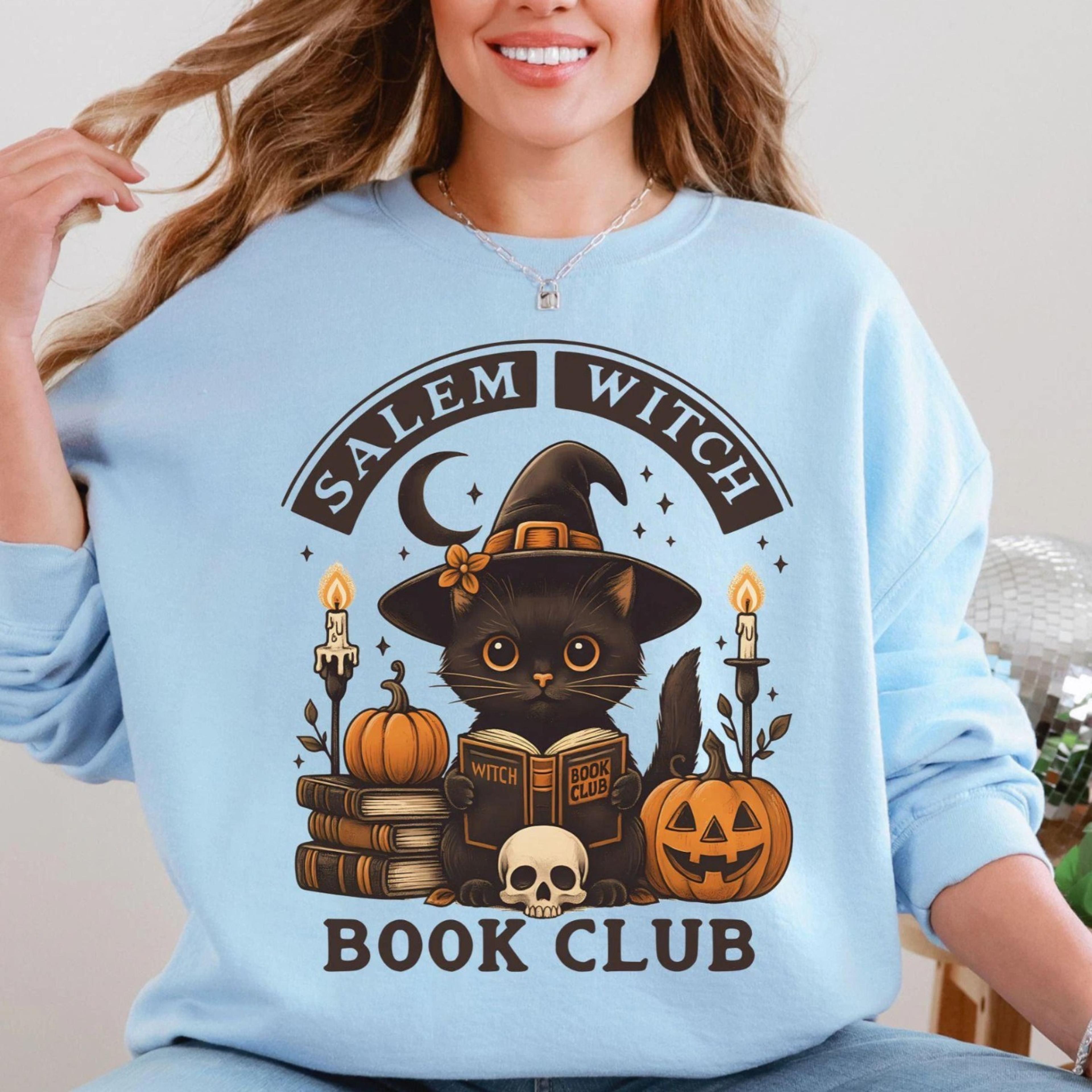 salem witch book club shirt halloween bookish sweatshirt cat lover gift witchy reader sweater autumn bookworm top cozy f