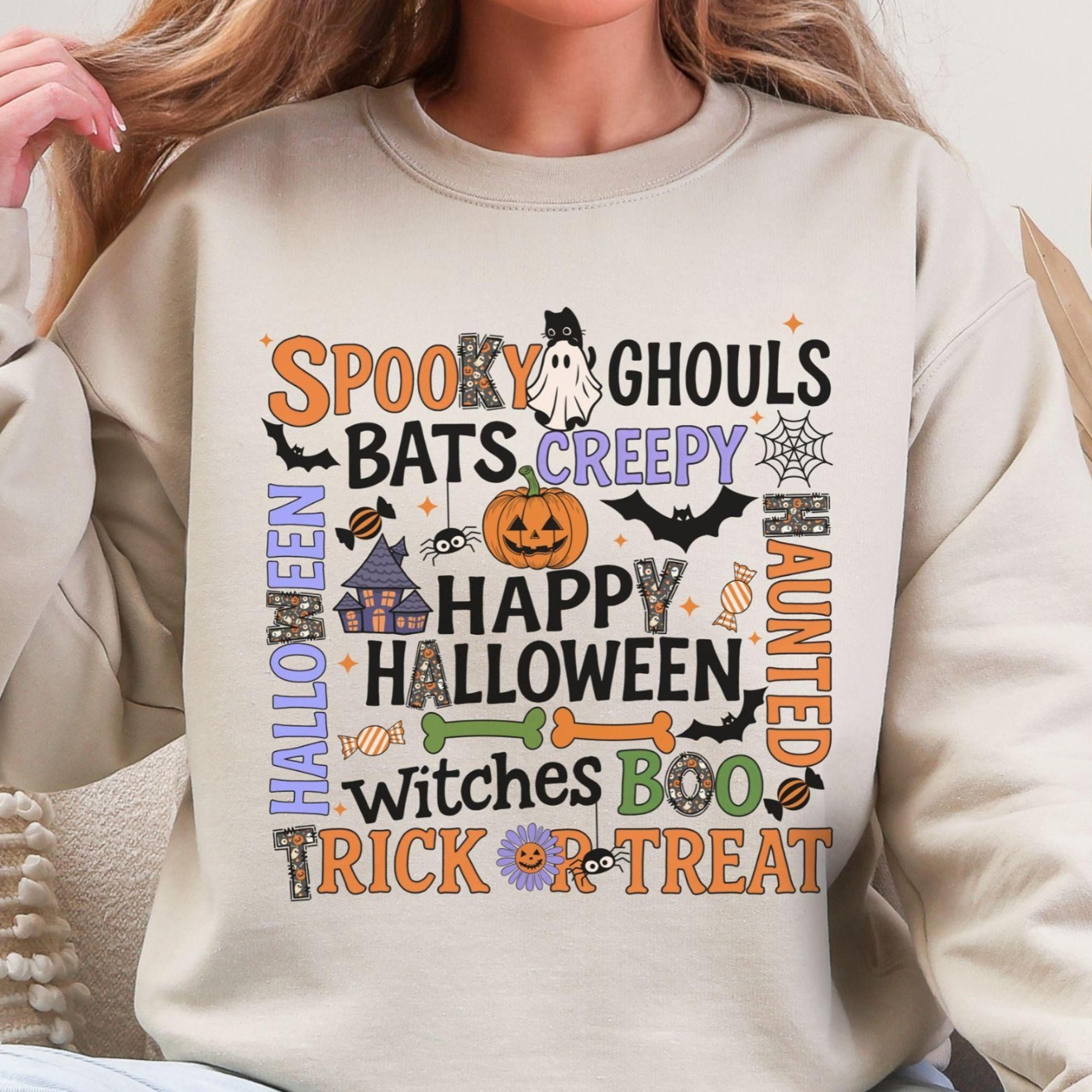 spooky halloween words sweatshirt cute trick or treat hoodie retro happy halloween shirt cozy fall ghoul witchy sweater