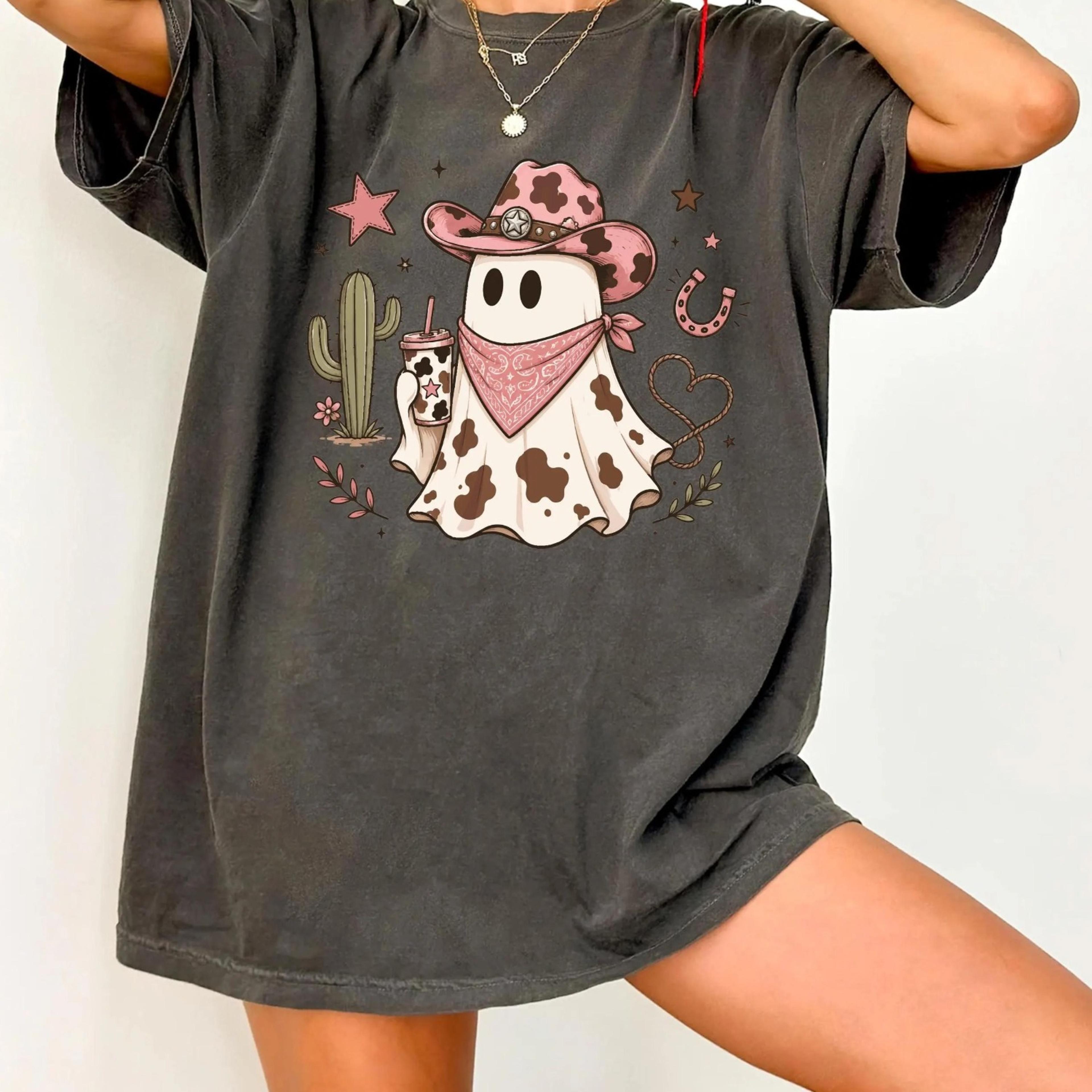western cow ghost shirt, pink ghost halloween tee, cowgirl ghost t-shirt, cute fall western shirt, spooky