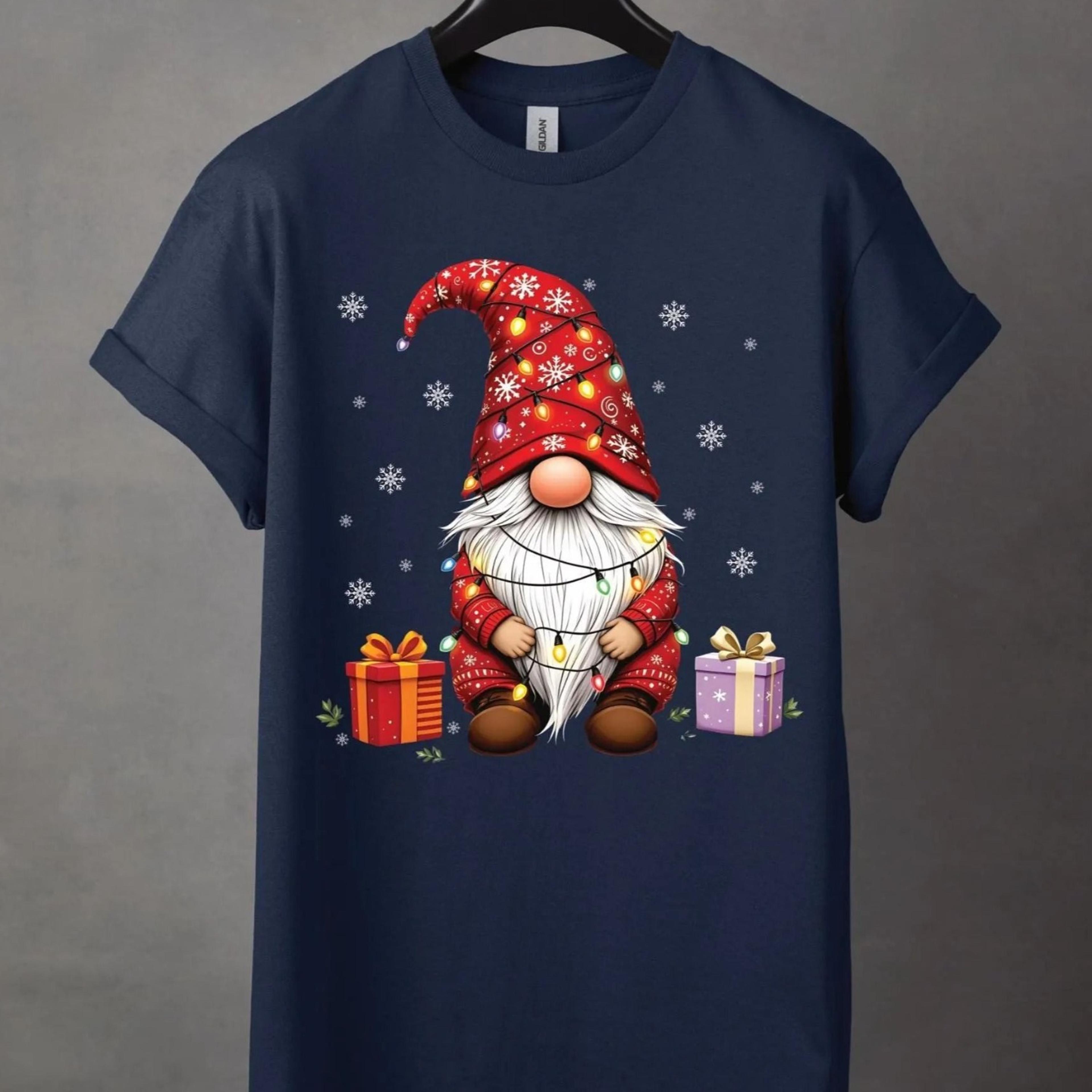 christmas elf t-shirt – cute gnome with gifts & snowflakes – unisex christmas shirt, fun xmas design, winter gift idea
