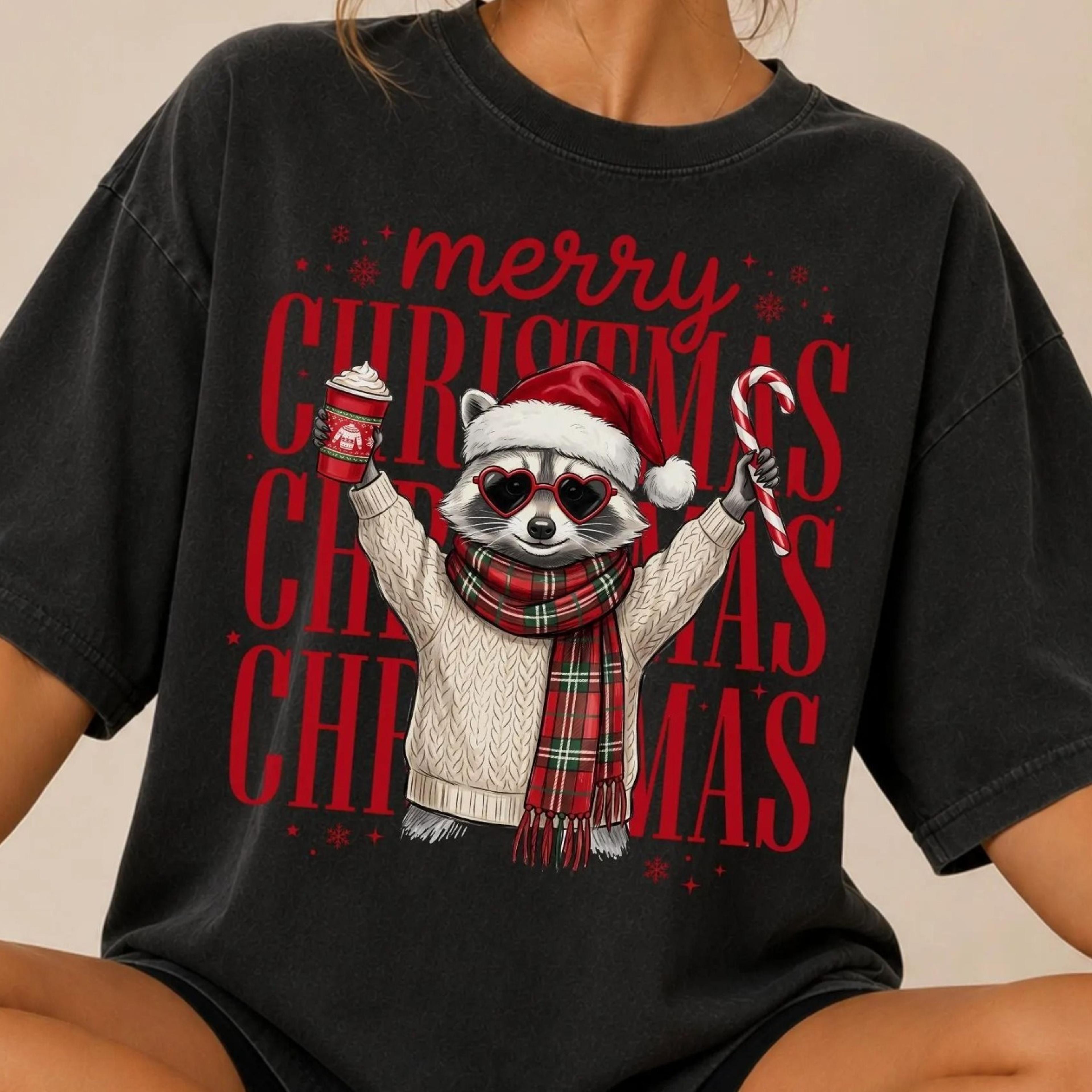 merry christmas raccoon shirt, cute holiday coffee tee for christmas outfit gift