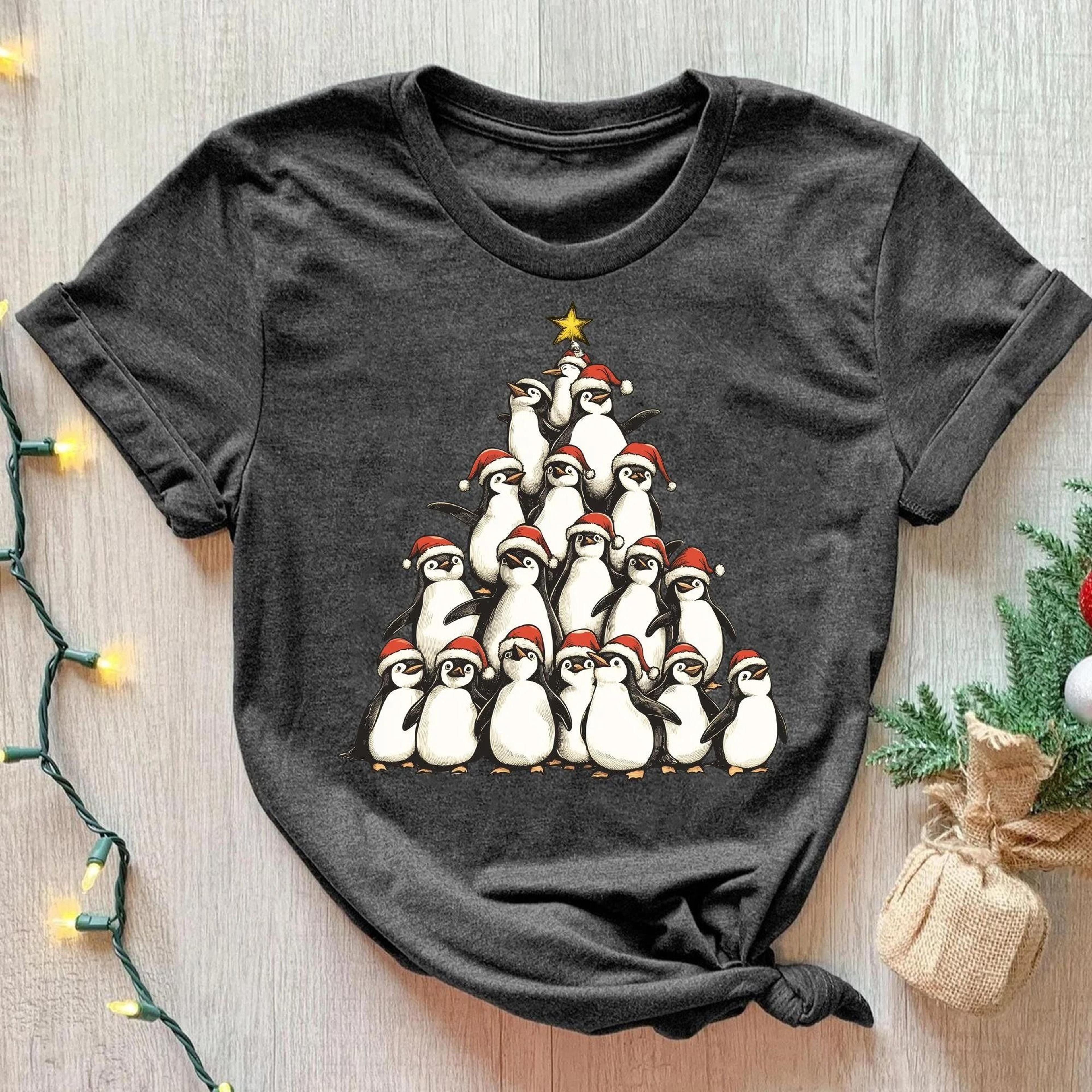 penguin christmas tree shirt, penguin lover shirt, cute penguin christmas shirt, penguin women shirt