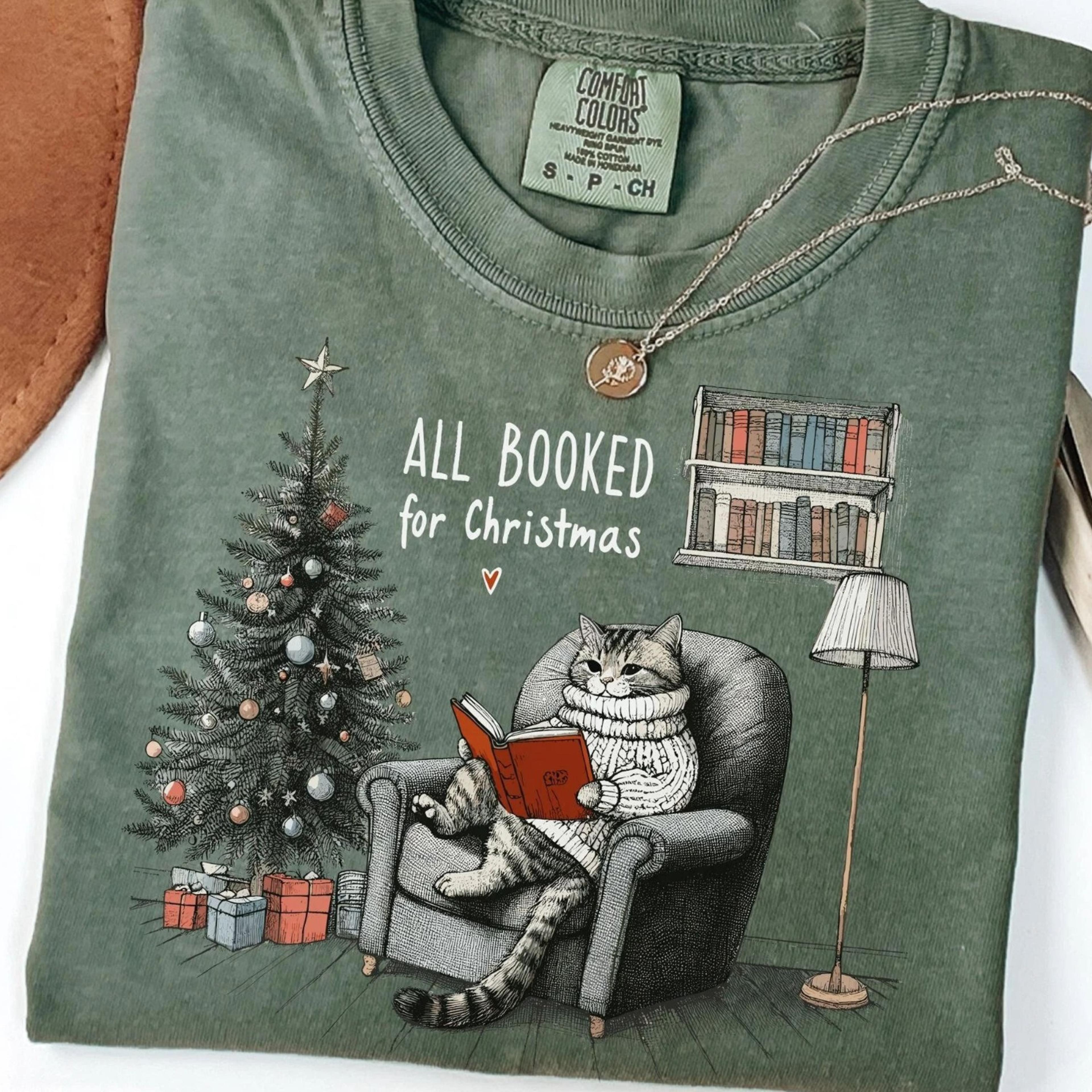 all booked for christmas shirt, bookish cat shirt, womens christmas shirt, cute winter shirt, christmas shirt, gift for