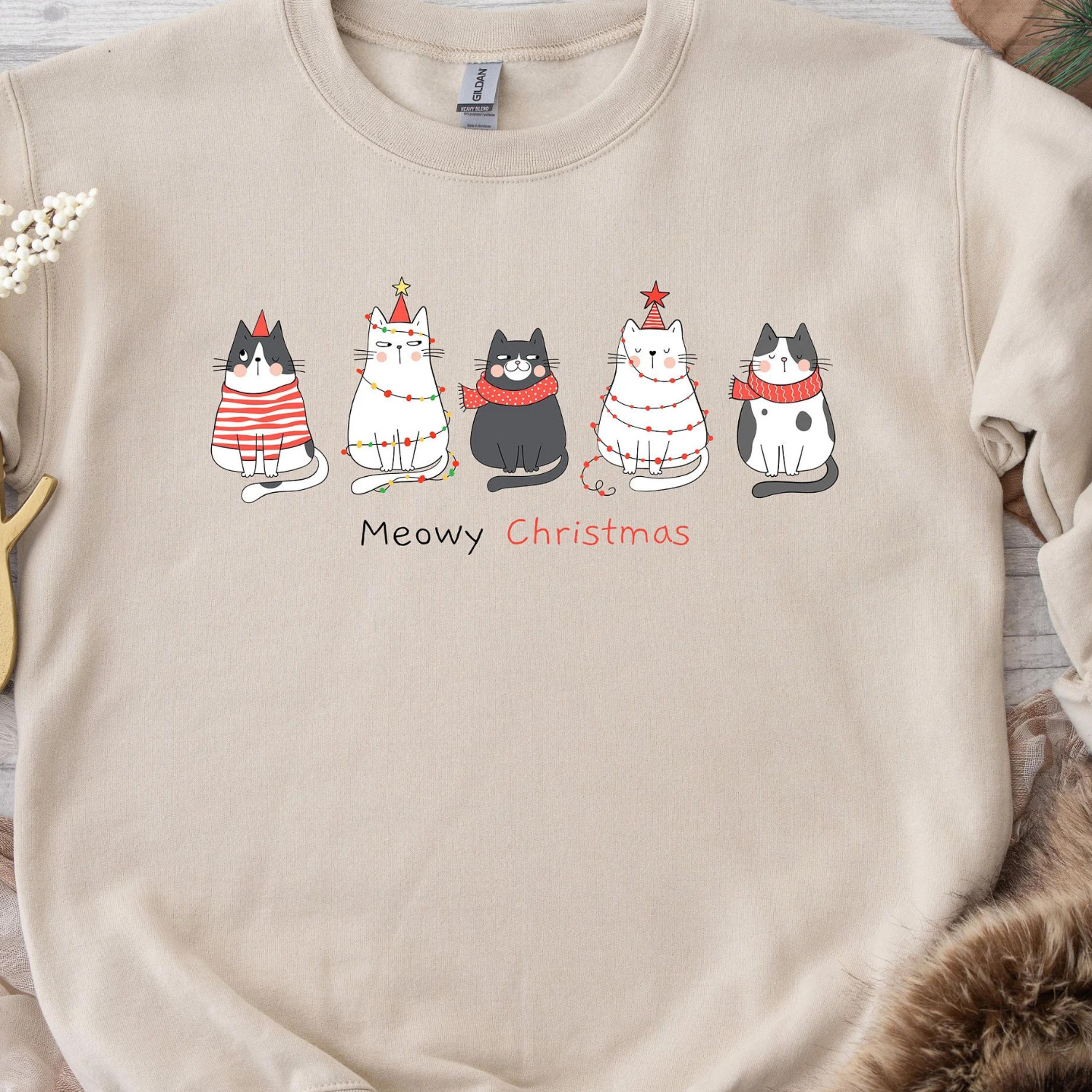 meowy christmas cat lover sweatshirt with christmas lights