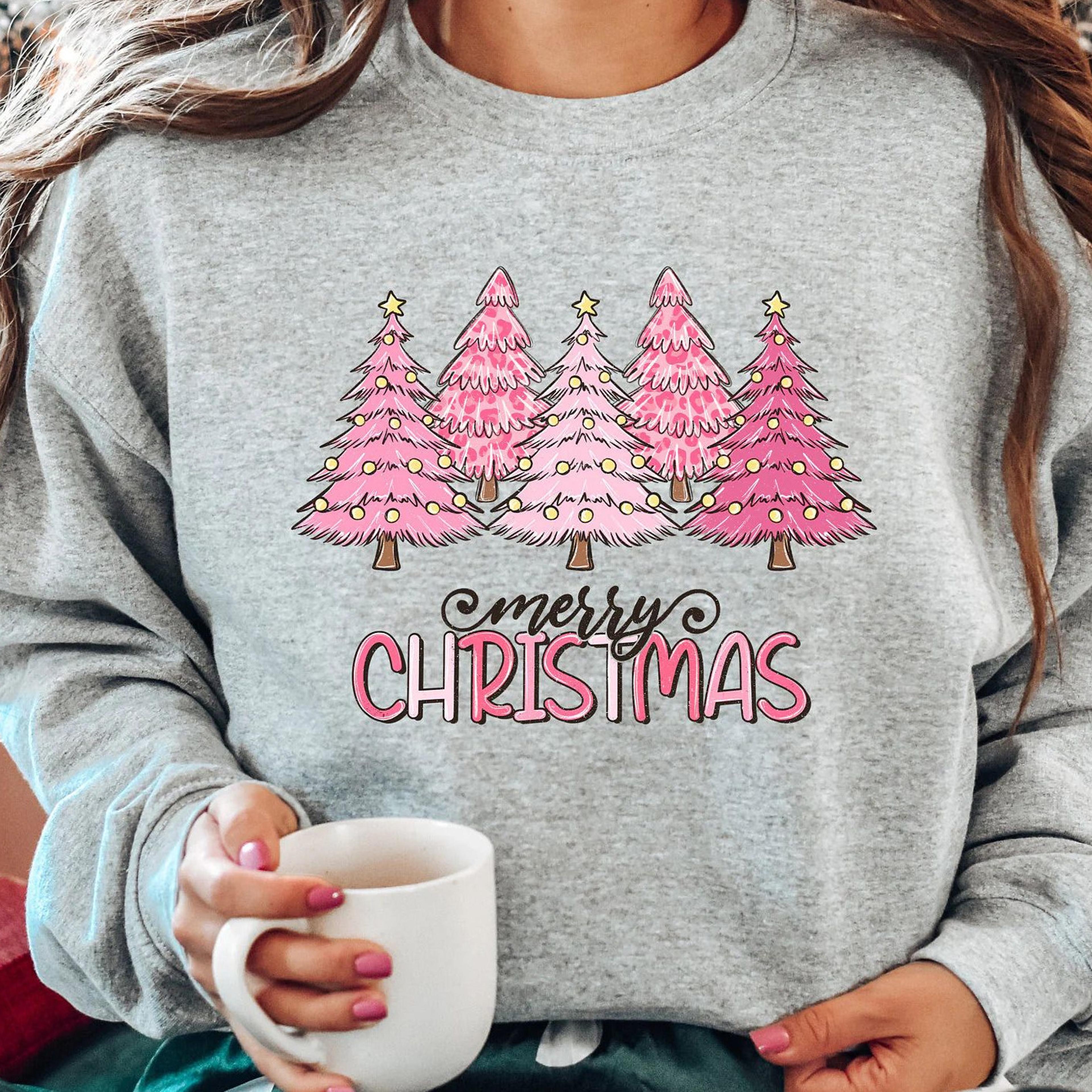 pink tree christmas sweater, christmas sweater, christmas crewneck, christmas tree sweatshirt, holiday sweaters