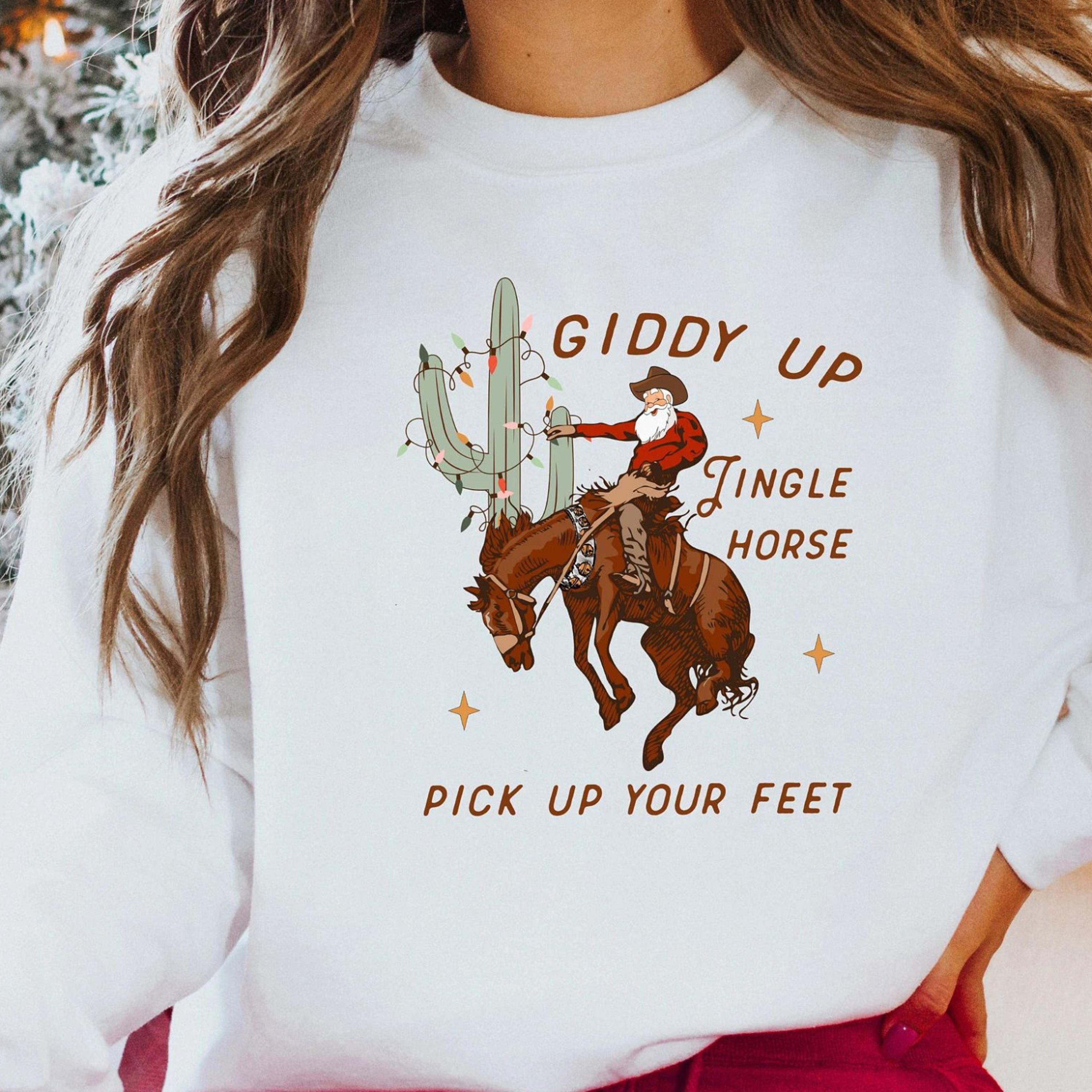 cowboy christmas sweater, giddy up jingle horse pick up your feet, howdy country christmas horse, cowgirl shirt