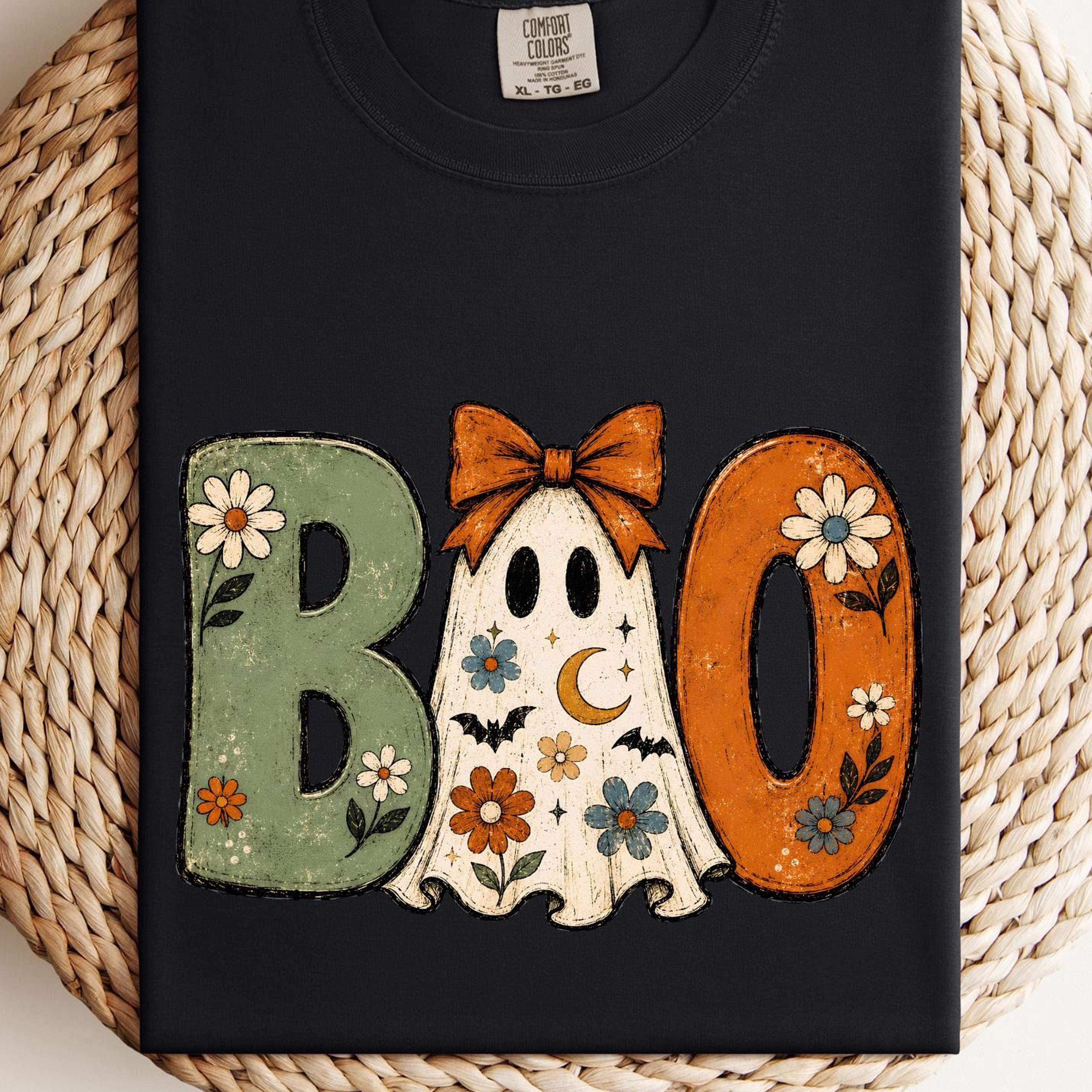 boo ghost halloween t-shirt boho floral spooky season sweatshirt
