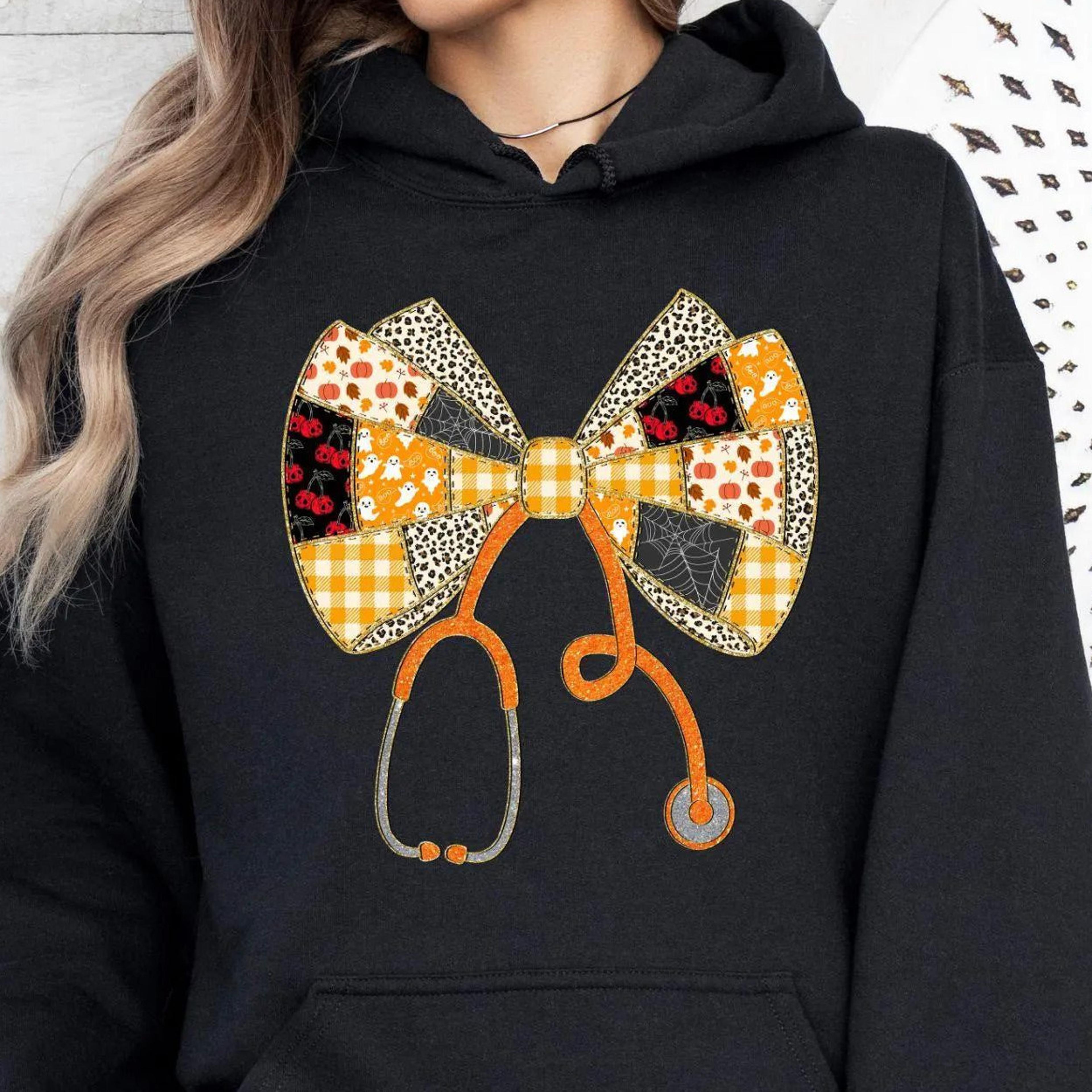 coquette halloween nurse t-shirt faux glitter stethoscope patchwork sweatshirt
