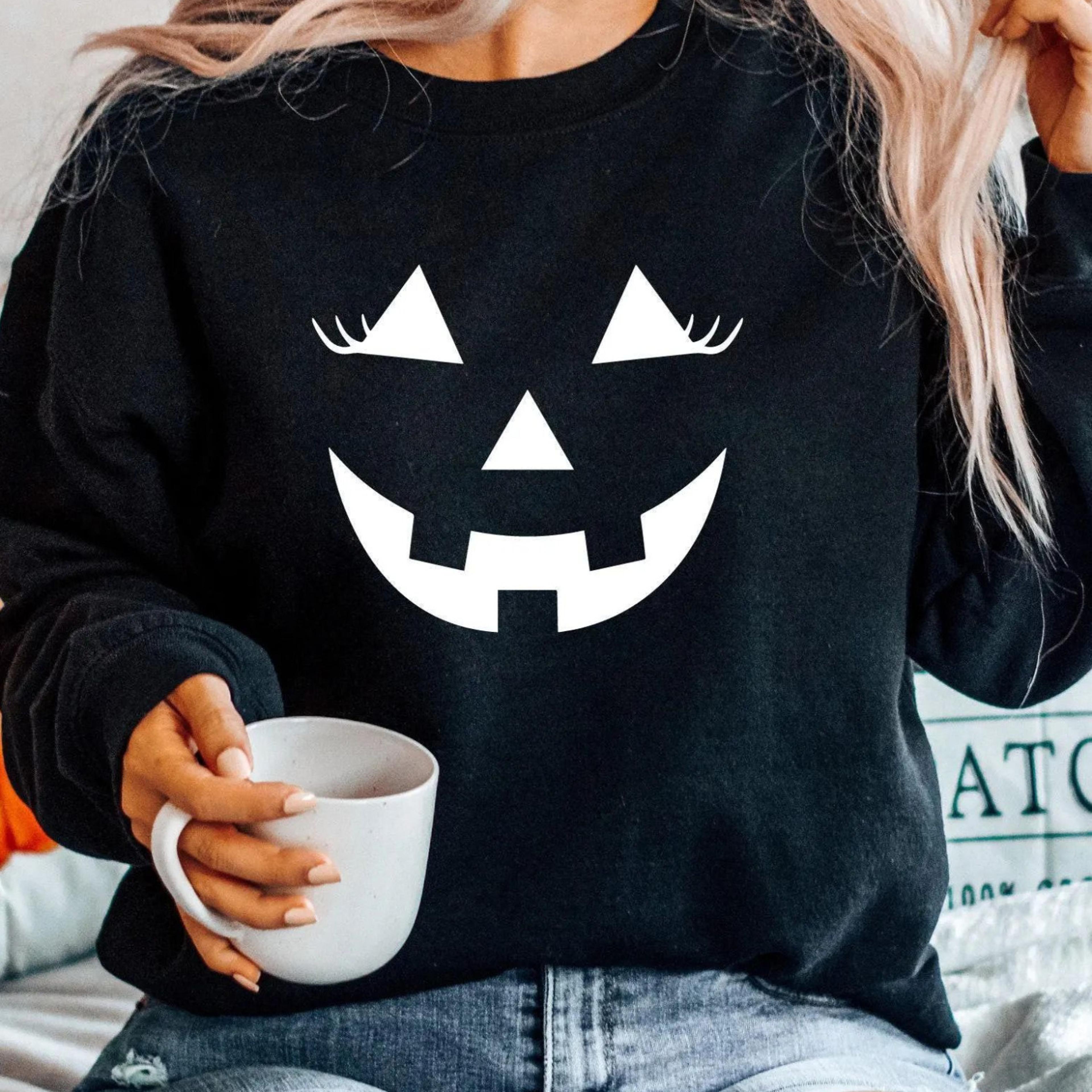 womens jack o lantern halloween t-shirt funny pumpkin face sweatshirt