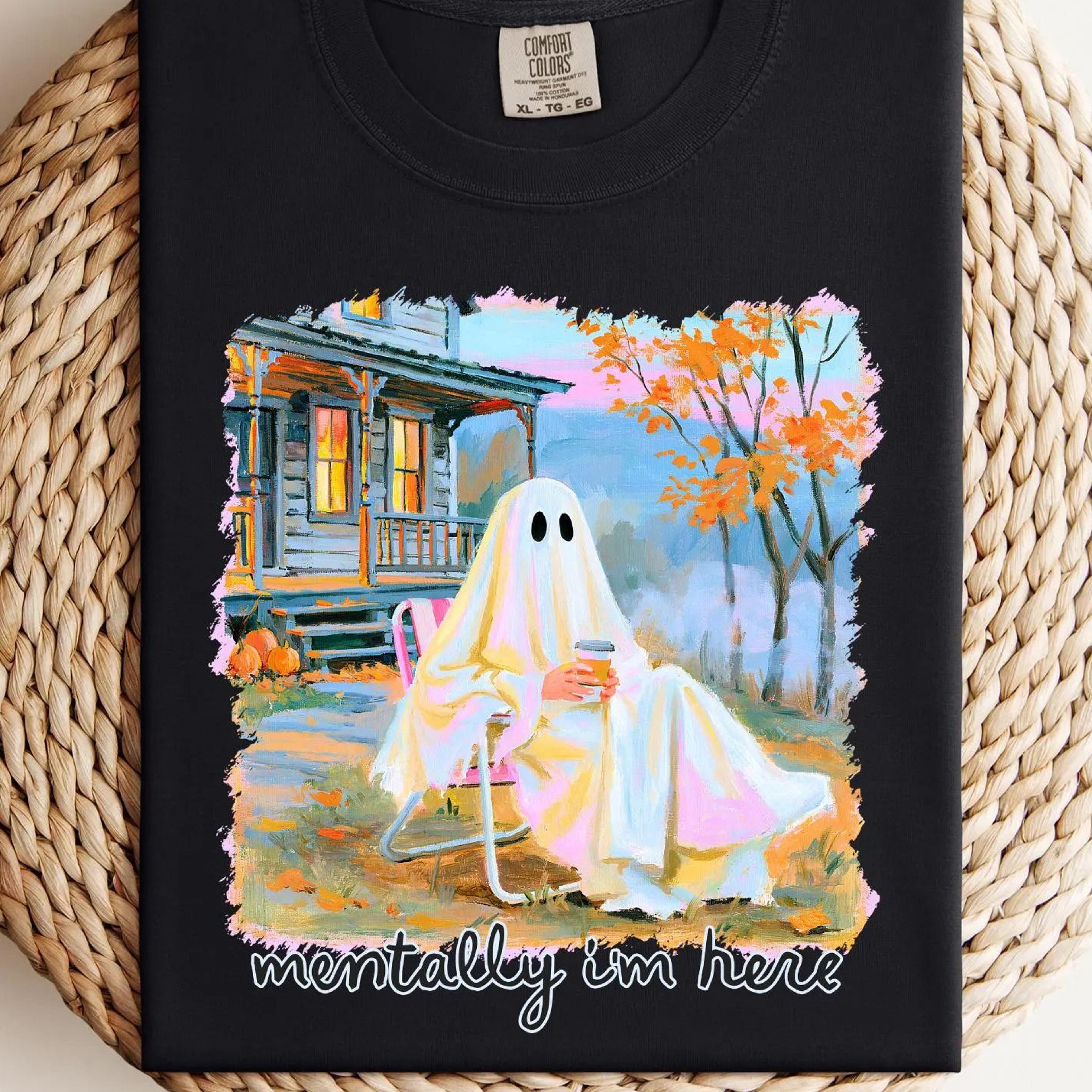mentally i am here halloween t-shirt trendy spooky season graphic sweatshirt