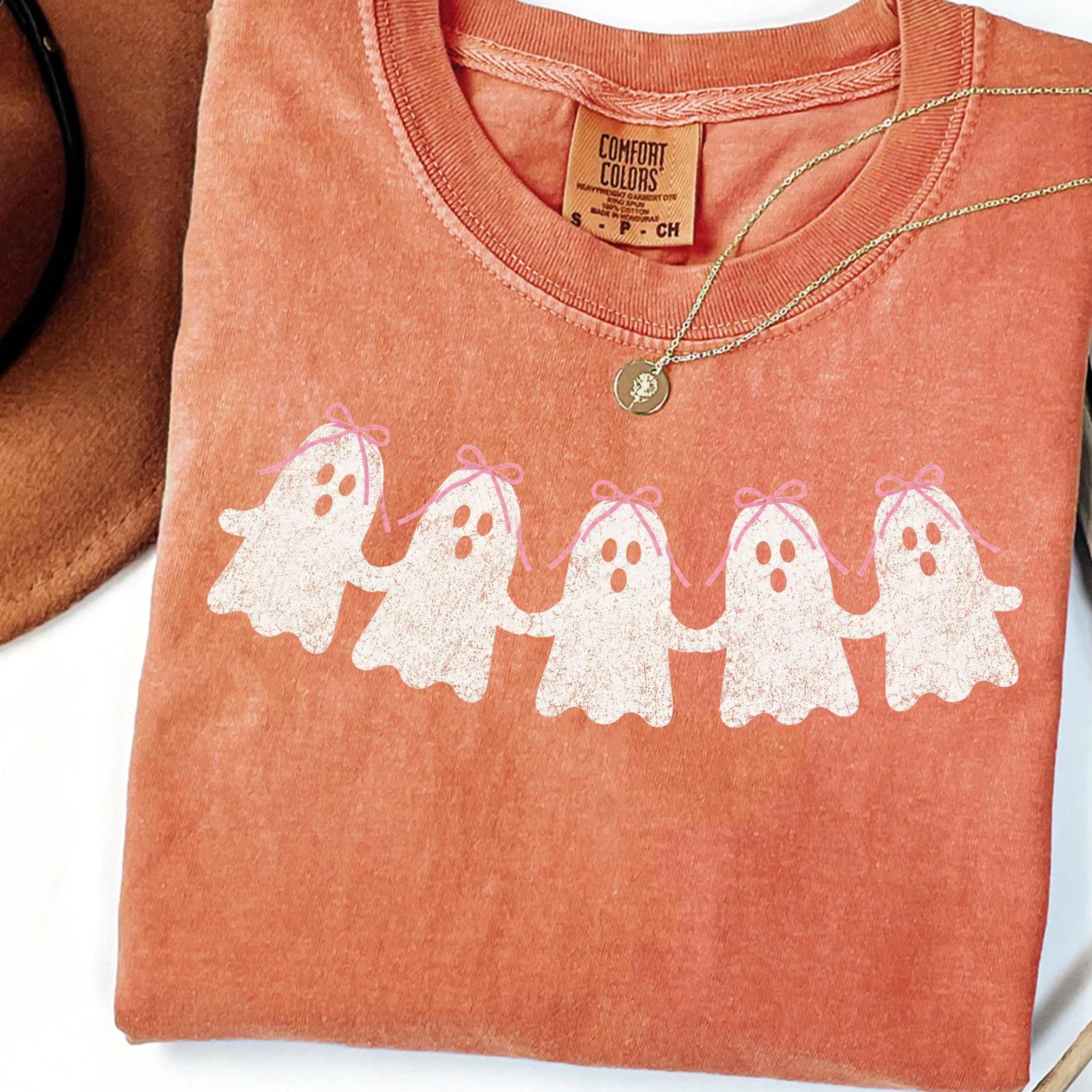 bright ghost halloween t-shirt vintage paper dolls retro striped sweatshirt