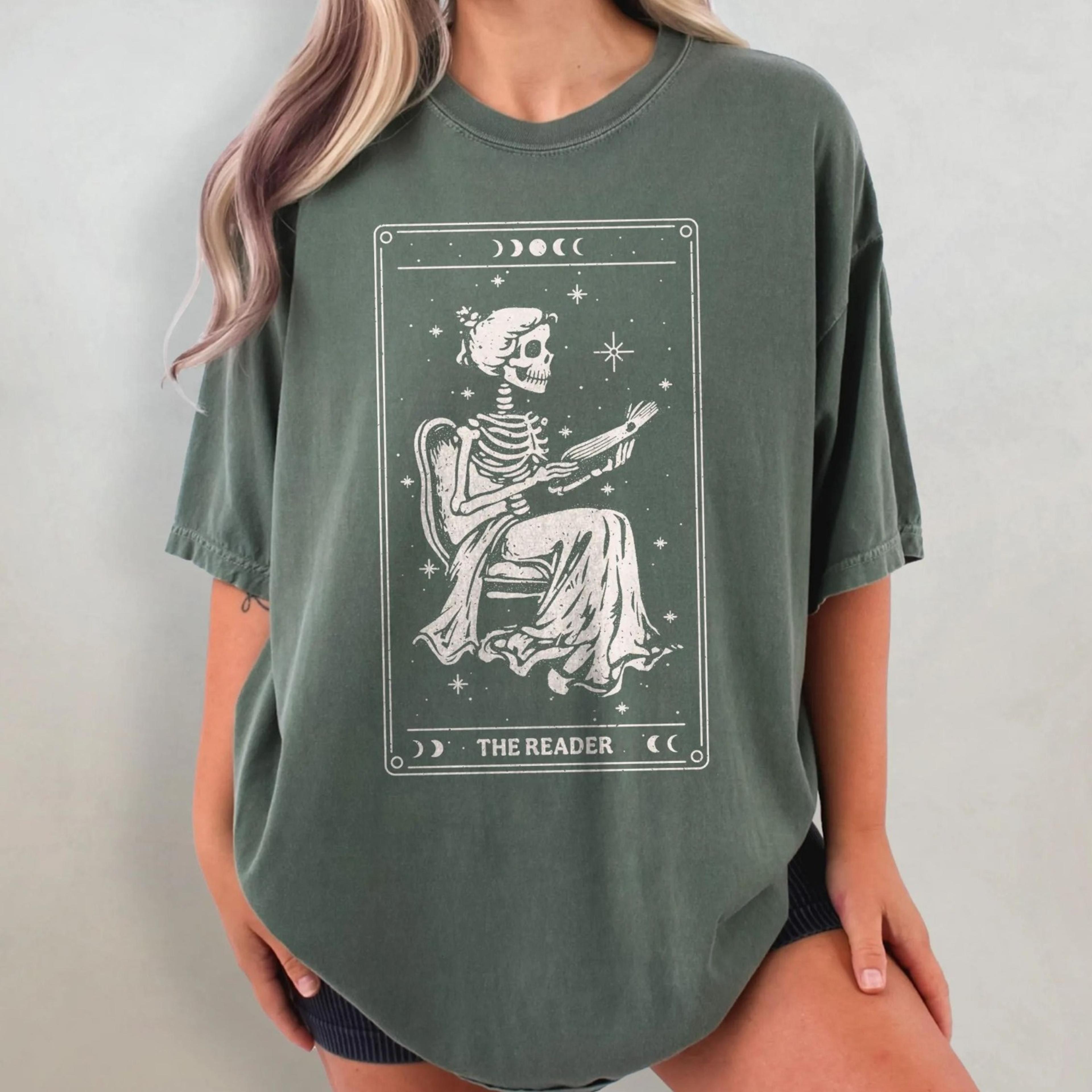 the reader shirt bookish t-shirt, tarot card shirt, skeleton reading shirt, tarot aesthetic book shirt,