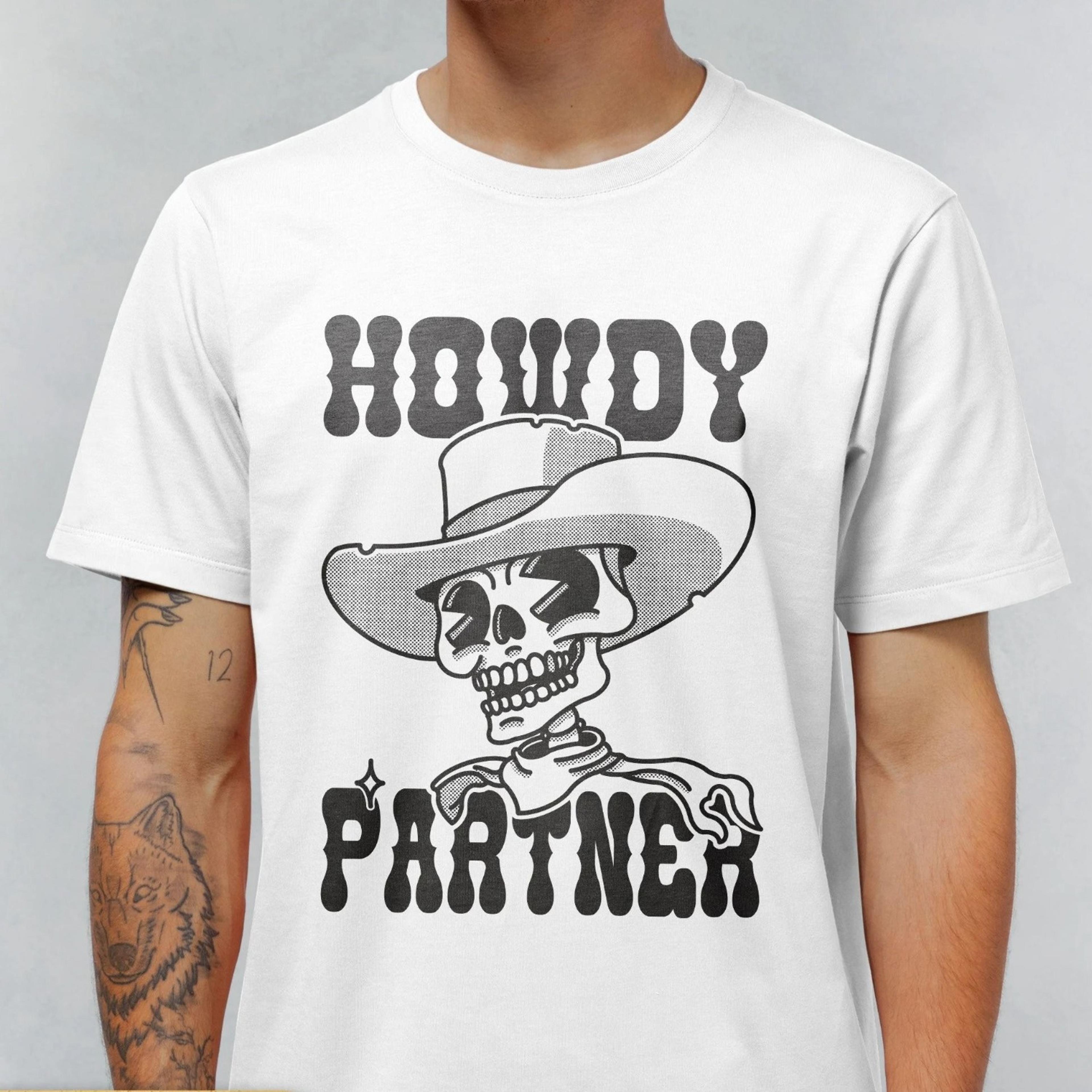 howdy partner shirt, skeleton cowboy t-shirt, retro western halloween graphic tee, cowgirl rodeo tshirt c