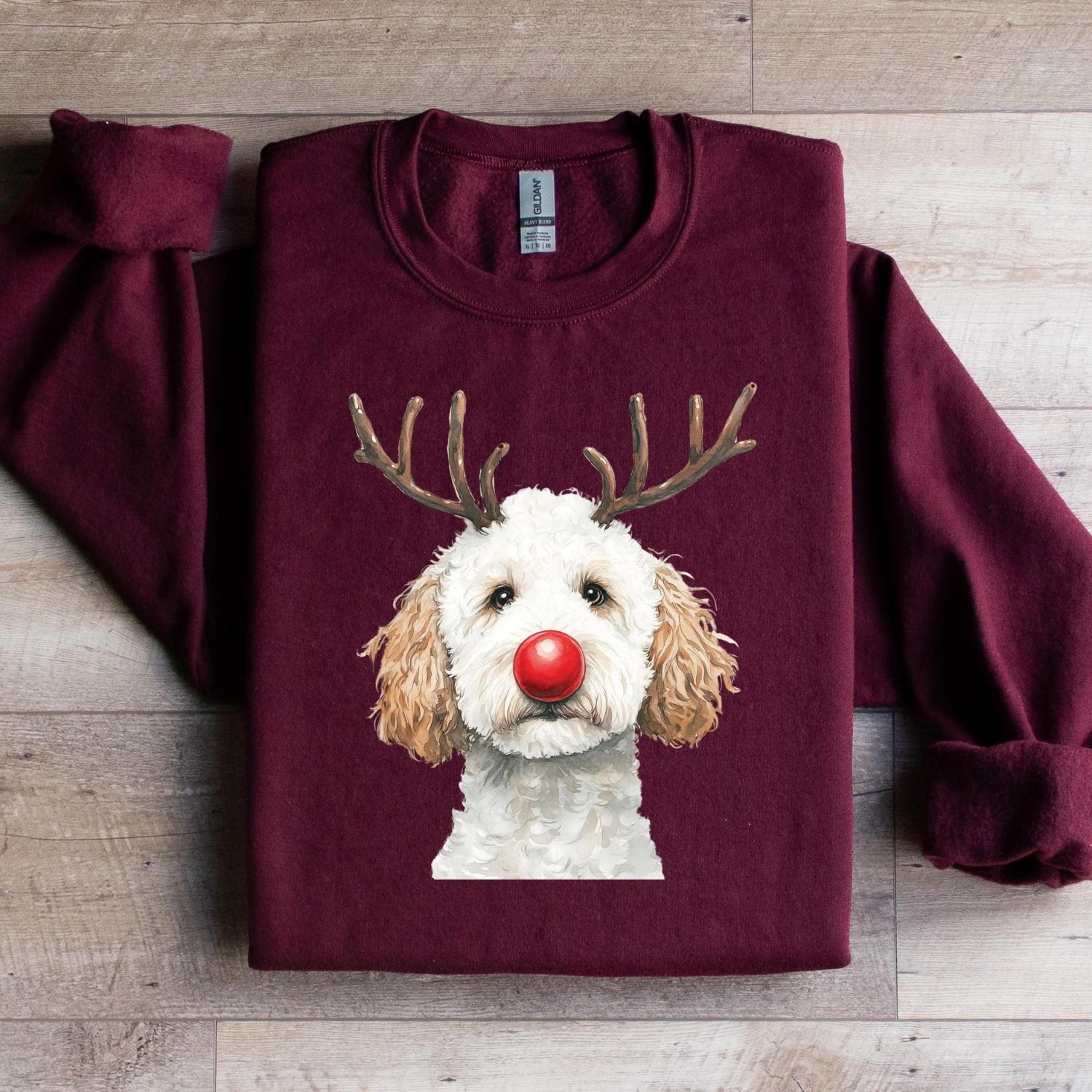 white goldendoodle christmas sweatshirt, reindeer dog sweater, cute holiday shirt, rudolph dog lover gift, cozy winter t
