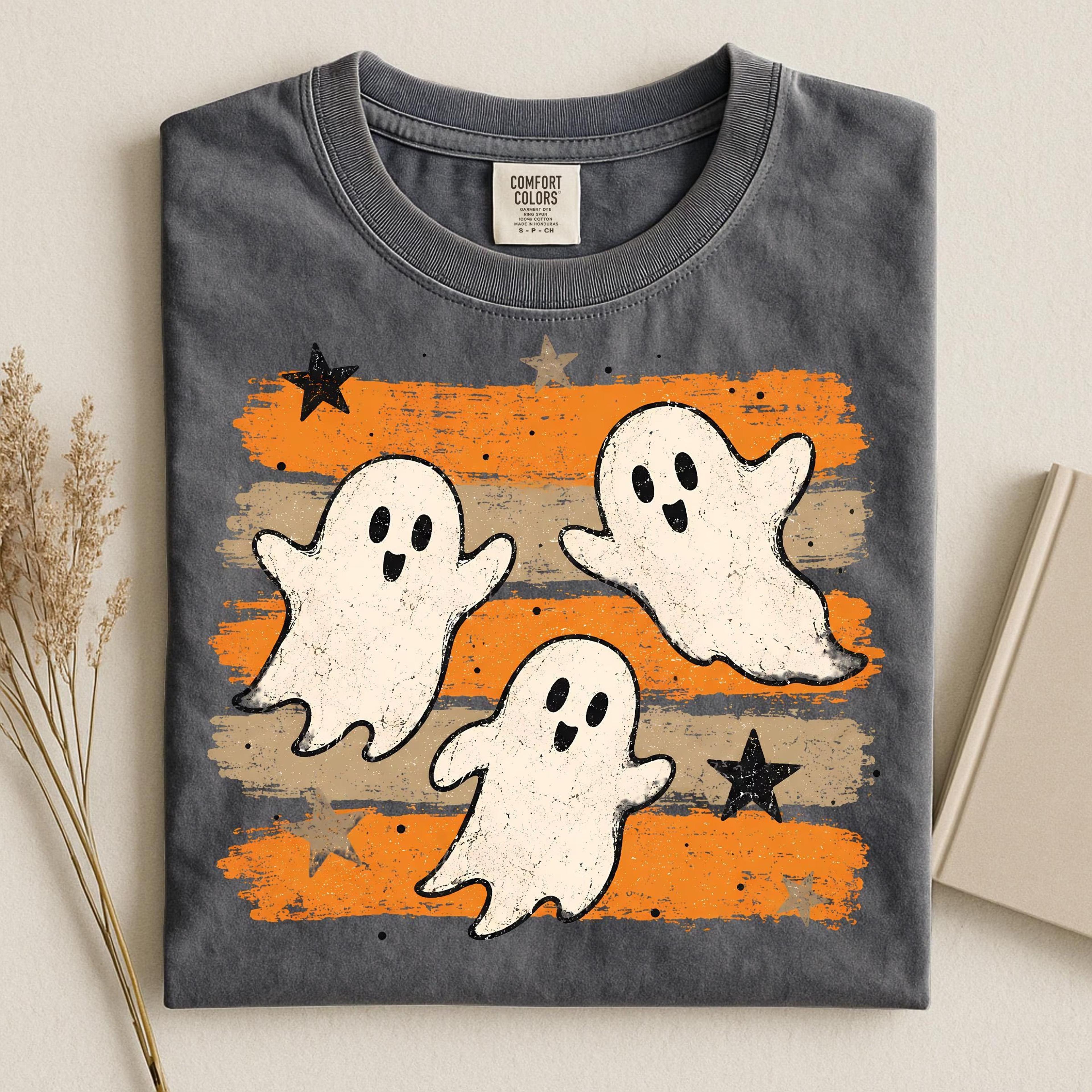 striped ghosts shirt, spooky season flying ghost tee, women's fall gift, trendy halloween graphic t-shirt, spooky party