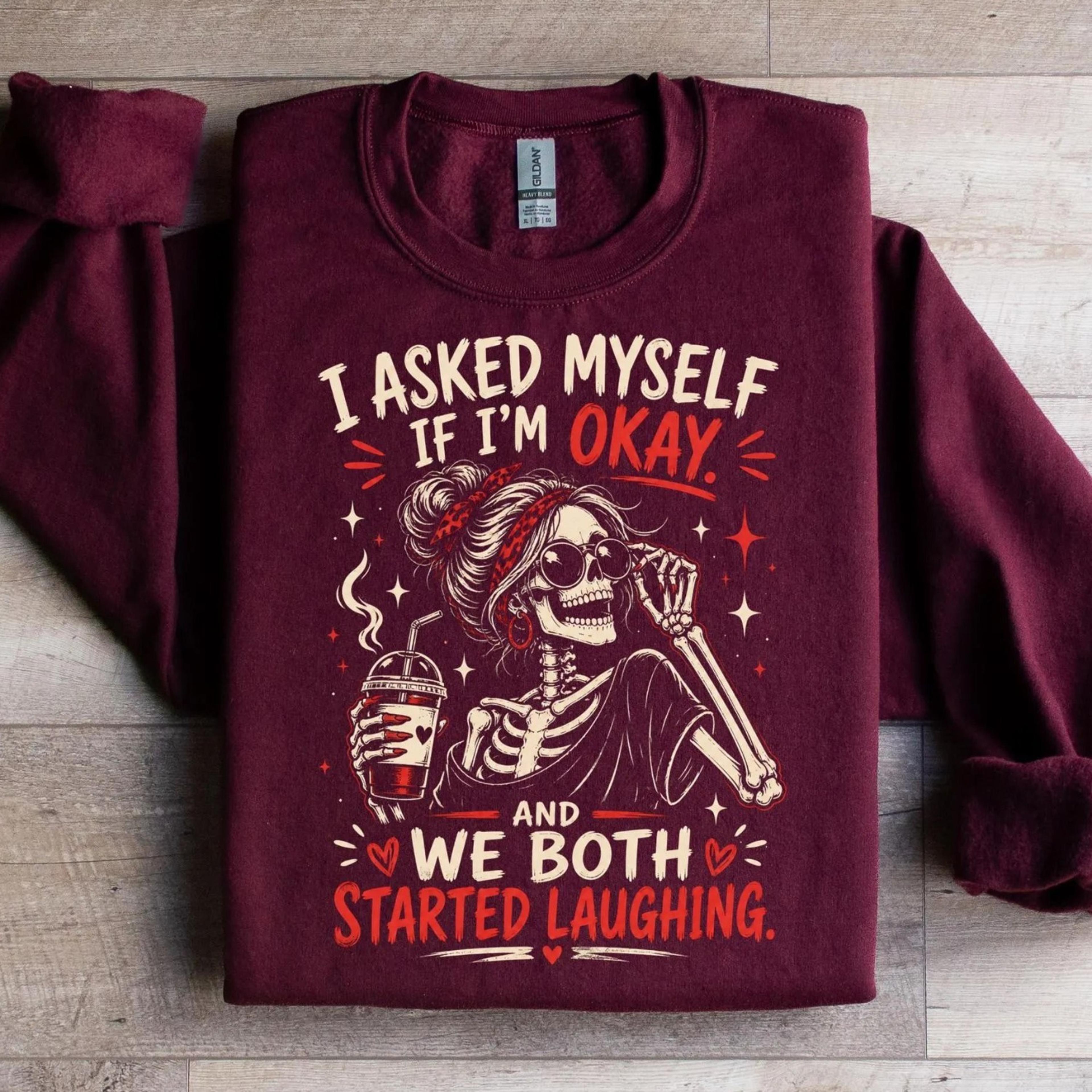 i asked myself if i'm okay skeleton sweatshirt, snarky sarcastic funny mental health shirt, vintage distressed sweatshir
