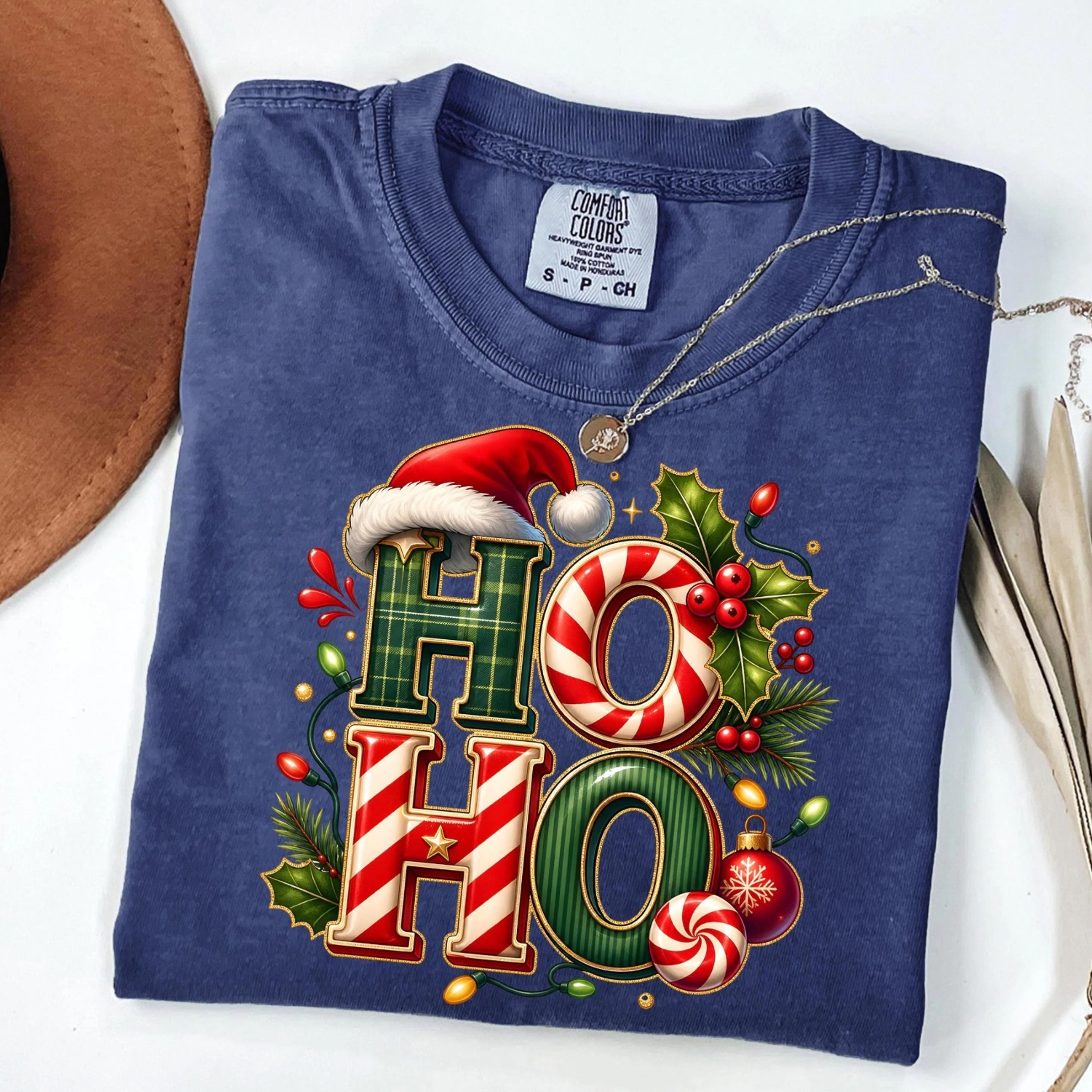 ho ho christmas shirt, santa hat t-shirt, funny christmas shirt, christmas lights candy cane shirt, retro holiday shirt