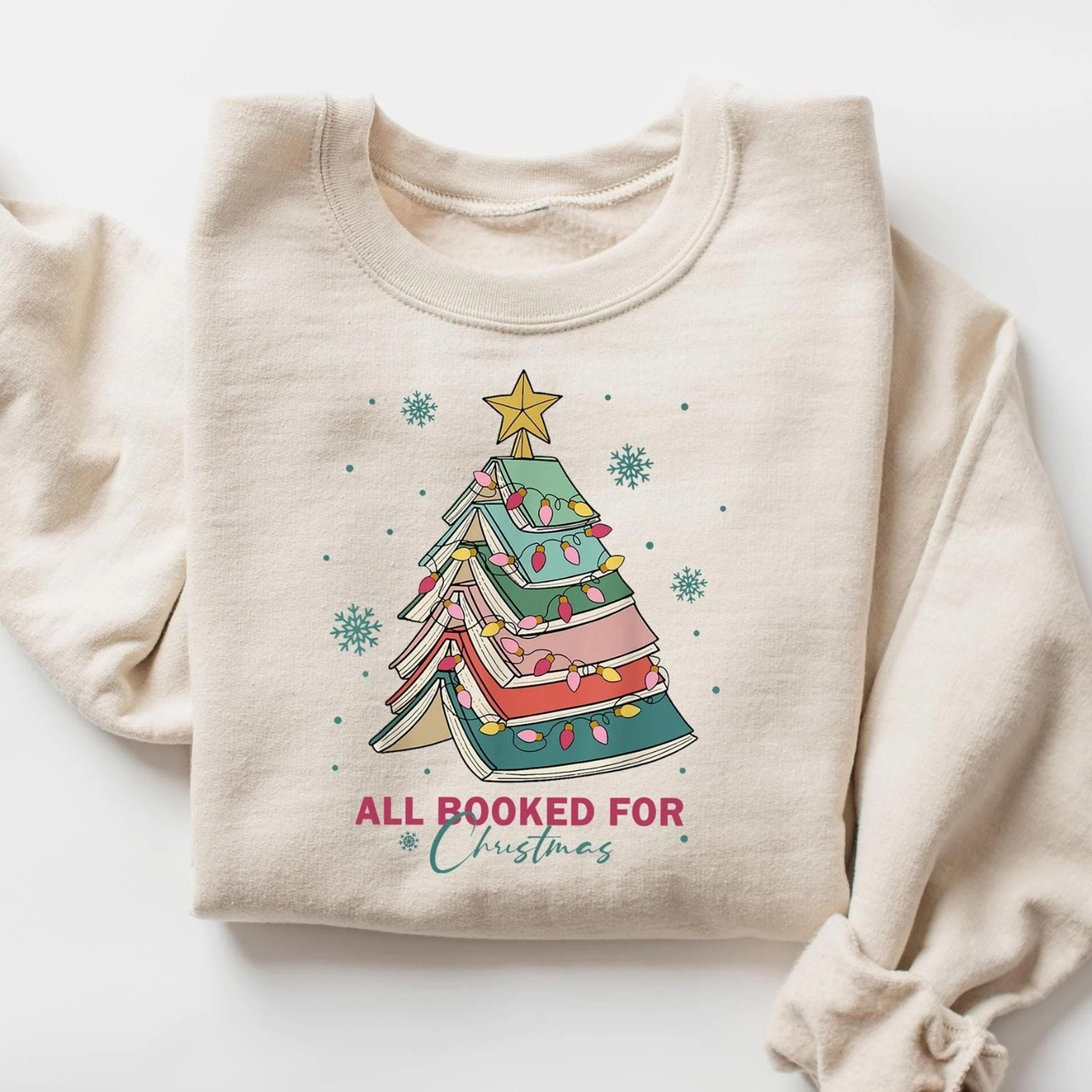 all booked for christmas shirt gift for librarian, bookworm christmas sweater, christmas gifts, christmas book tree swea