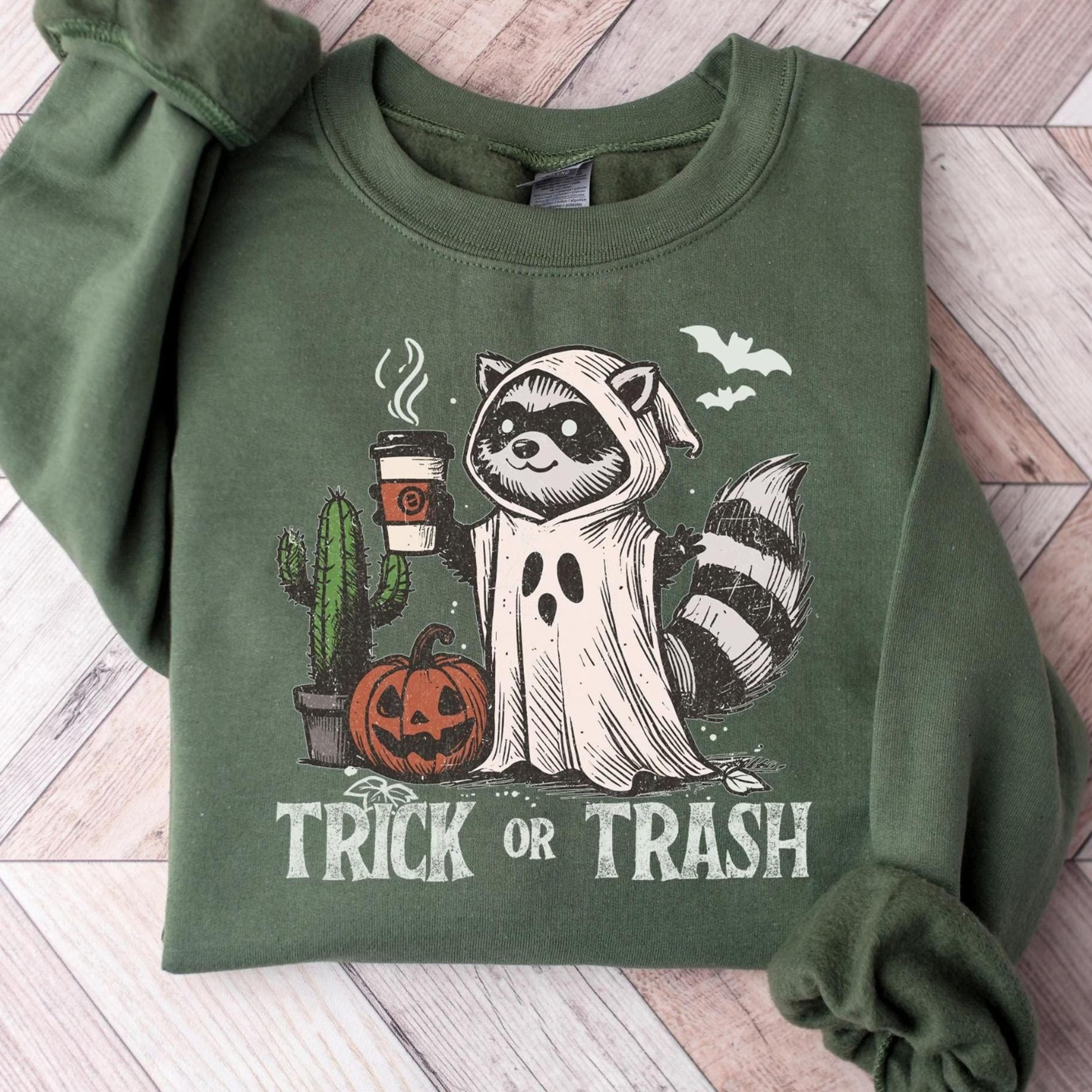 trick or trash sweatshirt, ghost raccoon drinking coffee tshirt, spooky season raccoon tee, halloween raccoon tshirt, ha